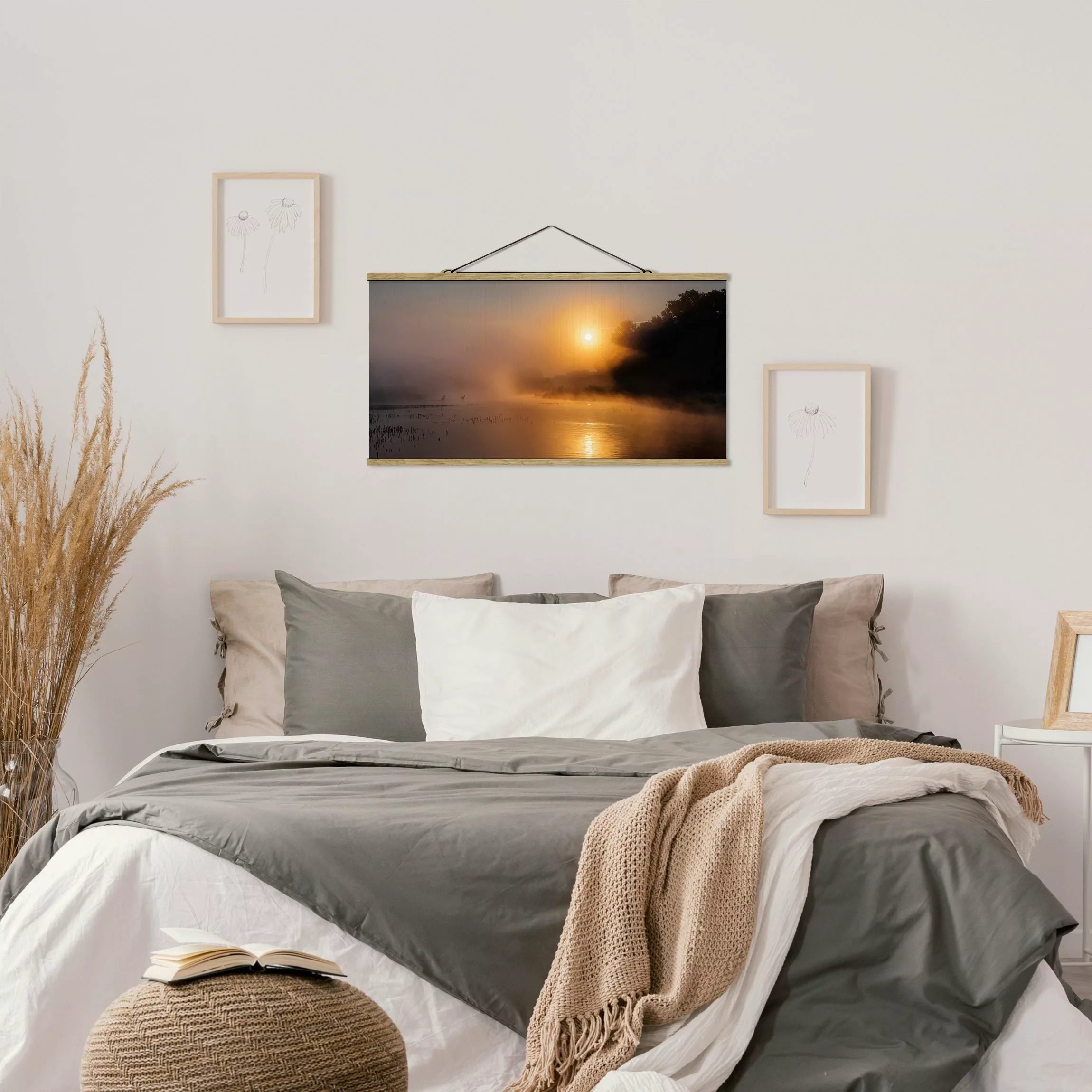 Stoffbild Landschaft mit Posterleisten - Querformat Sonnenaufgang am See mi günstig online kaufen