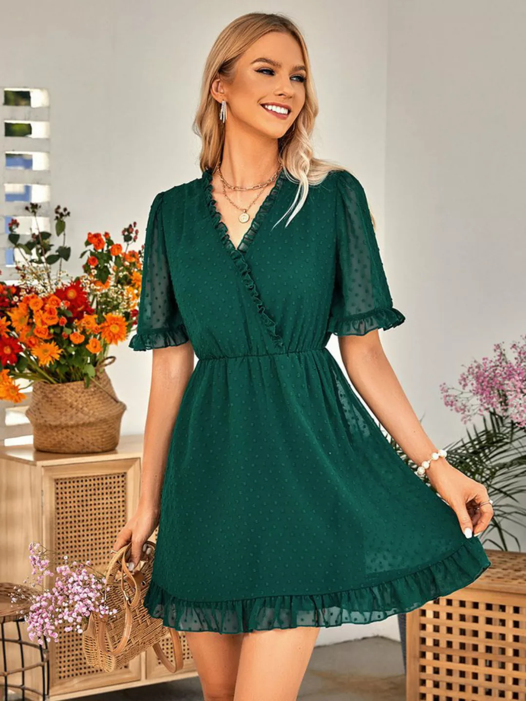 BlauWave Druckkleid Lässiges V-Ausschnitt Kleid mit kurzen Ärmeln und feste günstig online kaufen
