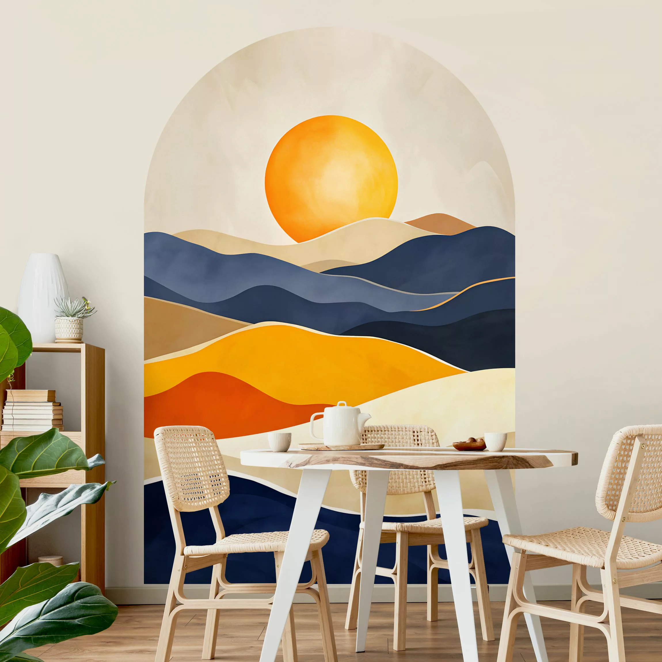 Rundbogen Tapete Minimalistische Boho Landschaft Orange Dunkelblau günstig online kaufen