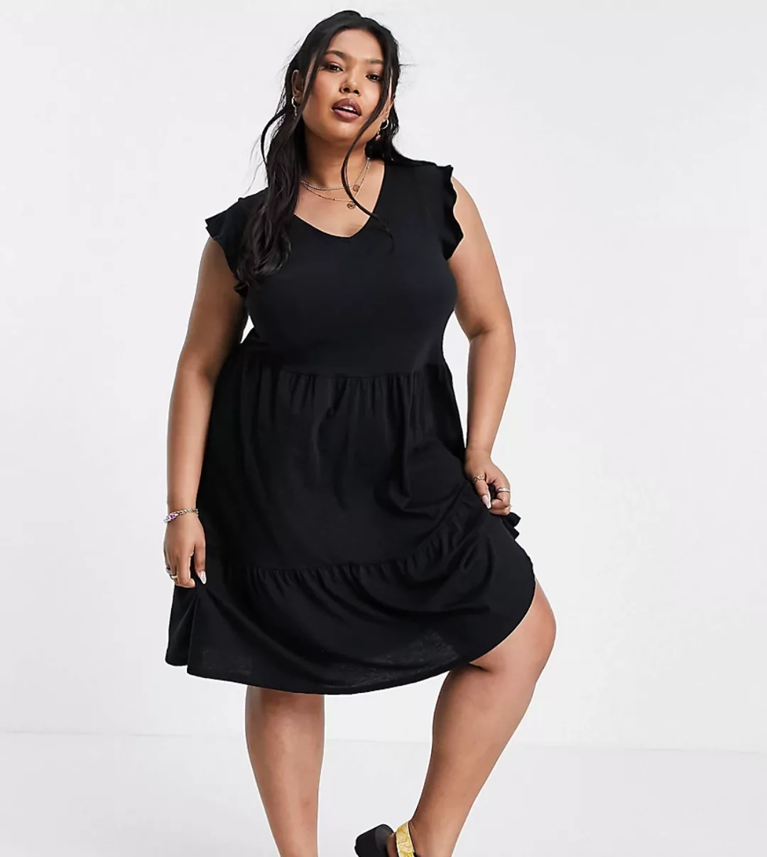 New Look Curve – Jersey-Hängerkleid in Schwarz mit kurzen Ärmeln und V-Auss günstig online kaufen