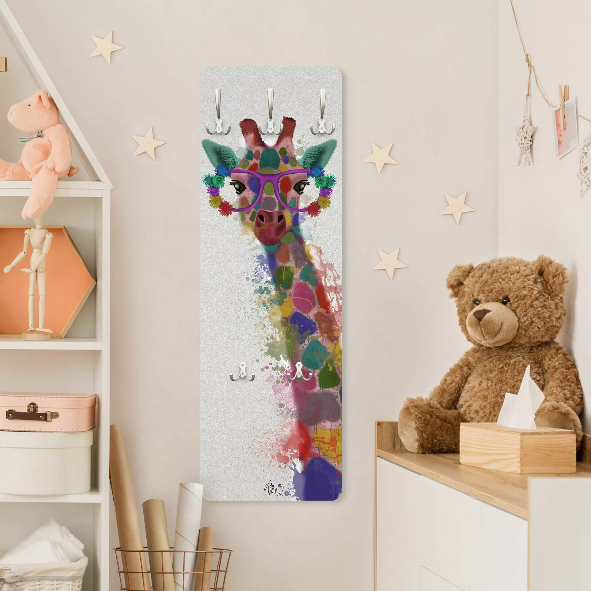 Wandgarderobe Holzpaneel Kinderzimmer Regenbogen Splash Giraffe günstig online kaufen
