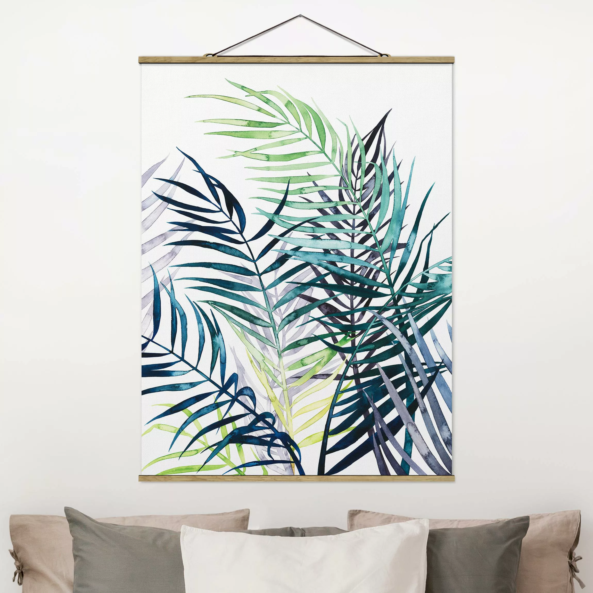Stoffbild Blumen mit Posterleisten - Hochformat Exotisches Blattwerk - Palm günstig online kaufen
