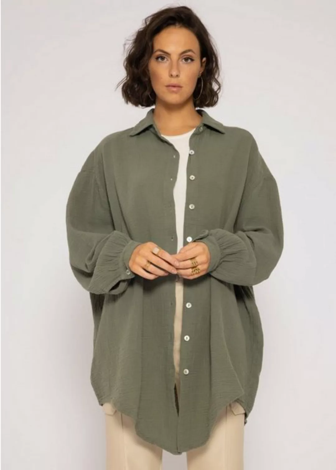 SASSYCLASSY Longbluse Oversize Musselin Bluse Damen Langarm Hemdbluse lang günstig online kaufen