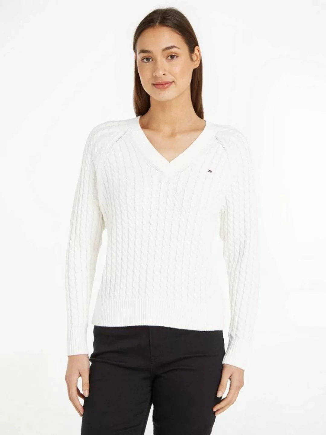 Tommy Hilfiger V-Ausschnitt-Pullover mit Allover Zopfmuster Strick-Design günstig online kaufen