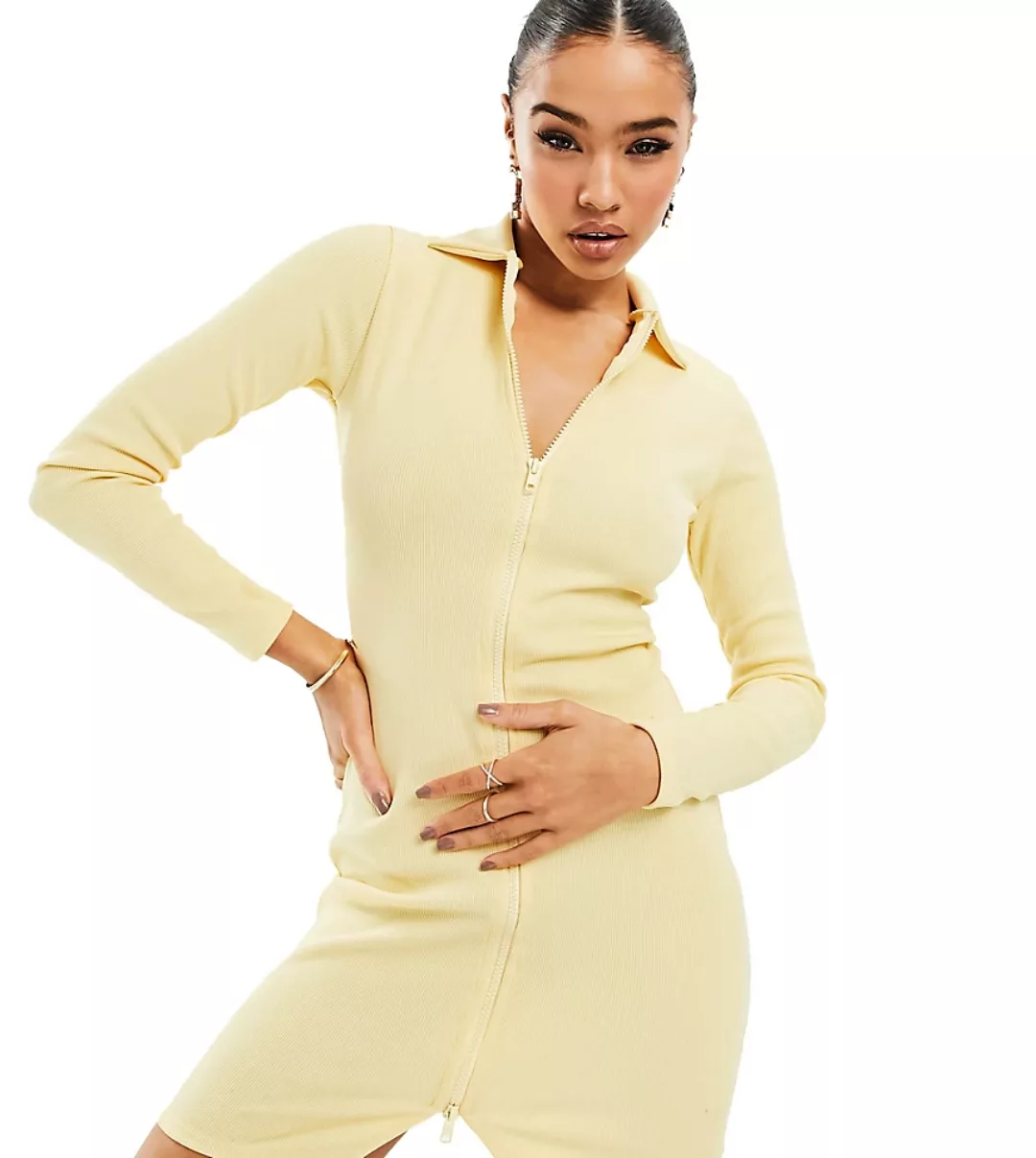 AsYou – Sandfarbenes Bodycon-Kleid mit doppeltem Reißverschluss-Weiß günstig online kaufen