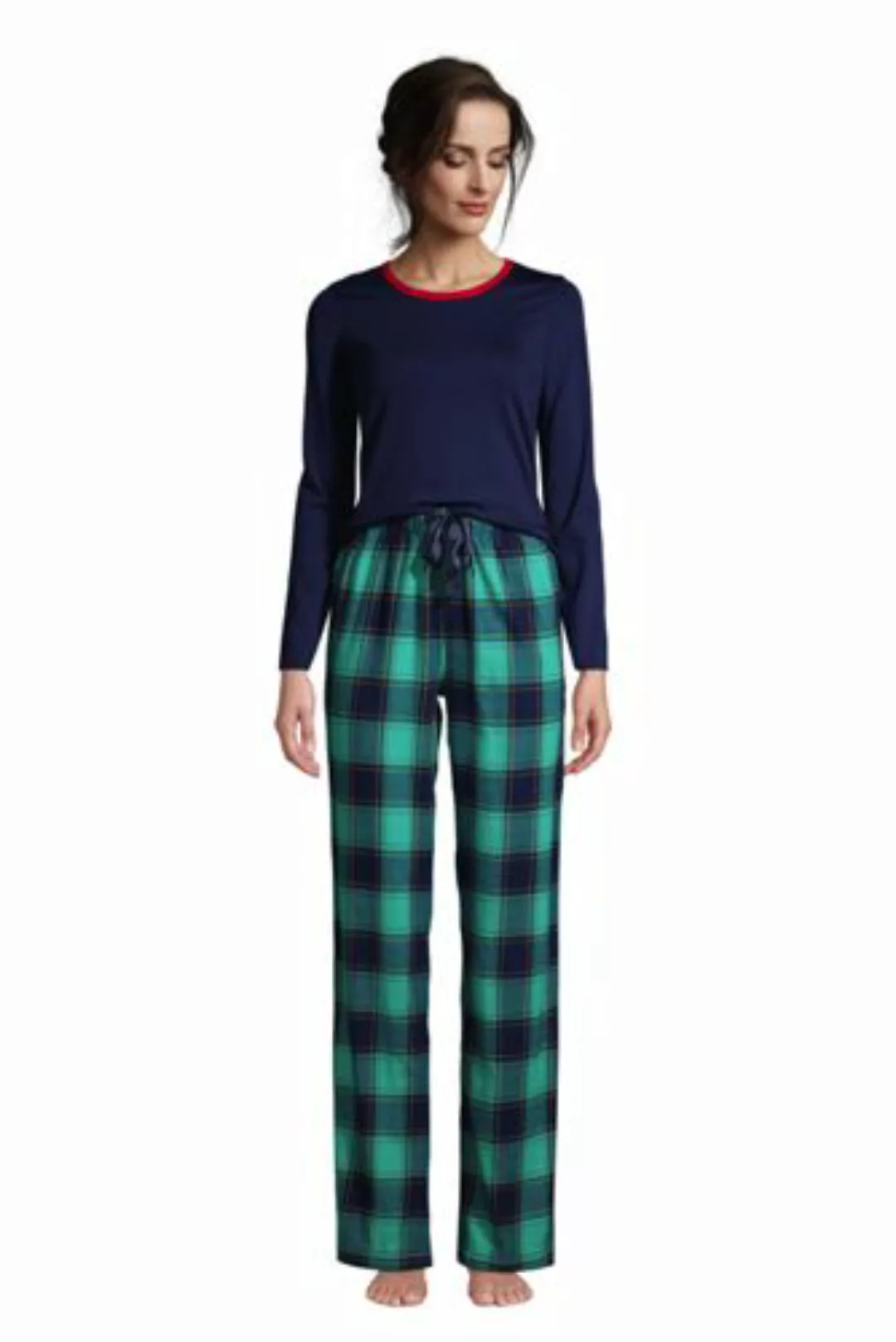 Flanell Pyjama-Set mit gemusterter Hose, Damen, Größe: L Normal, Blau, Elas günstig online kaufen