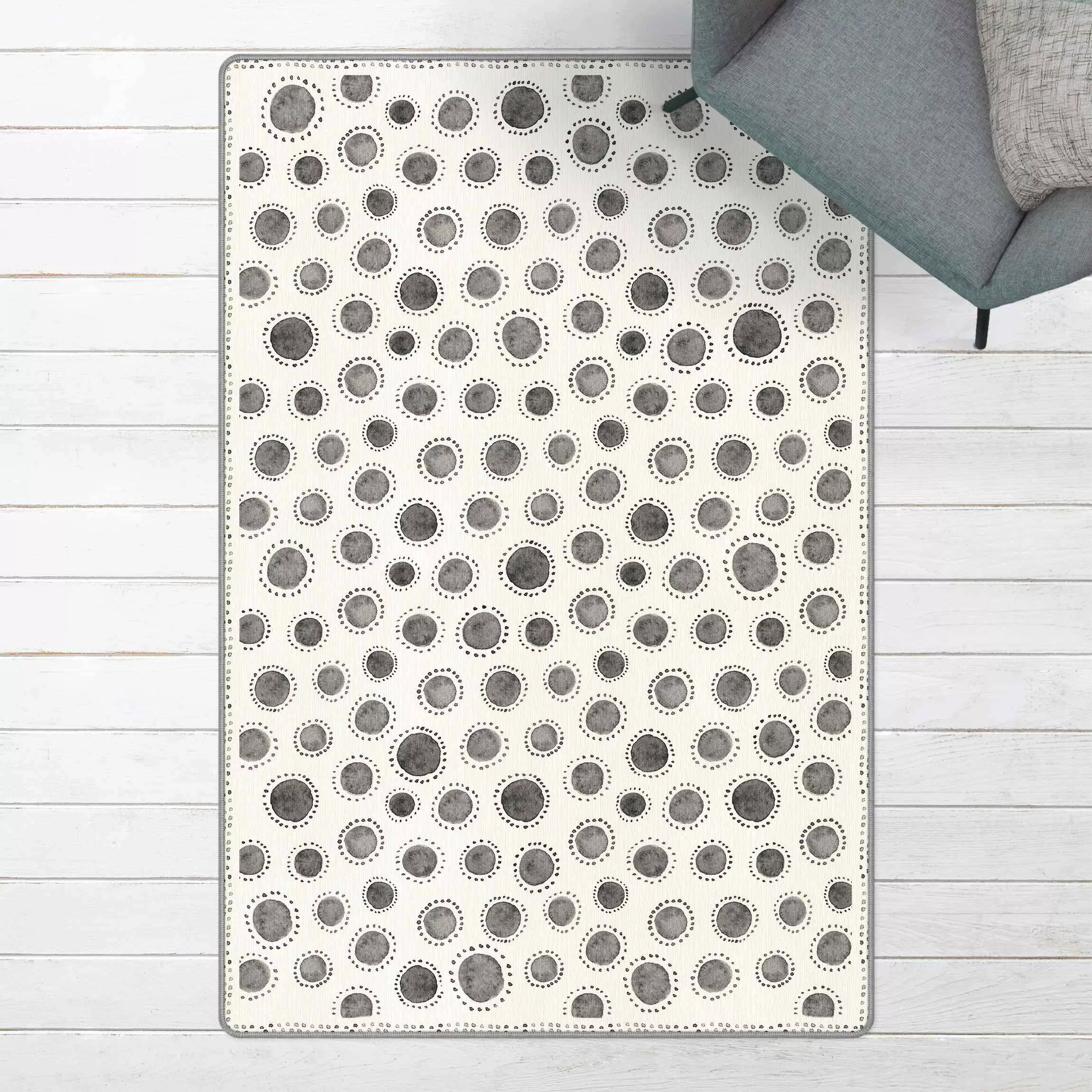 Teppich Graue Aquarell Polkadots mit Pünktchen und Rahmen günstig online kaufen