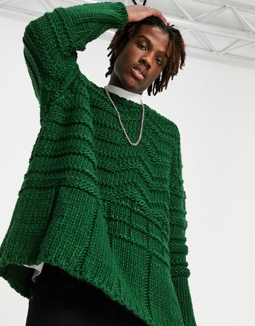 ASOS DESIGN – Handgestrickter, gerippter Pullover in Dunkelgrün günstig online kaufen