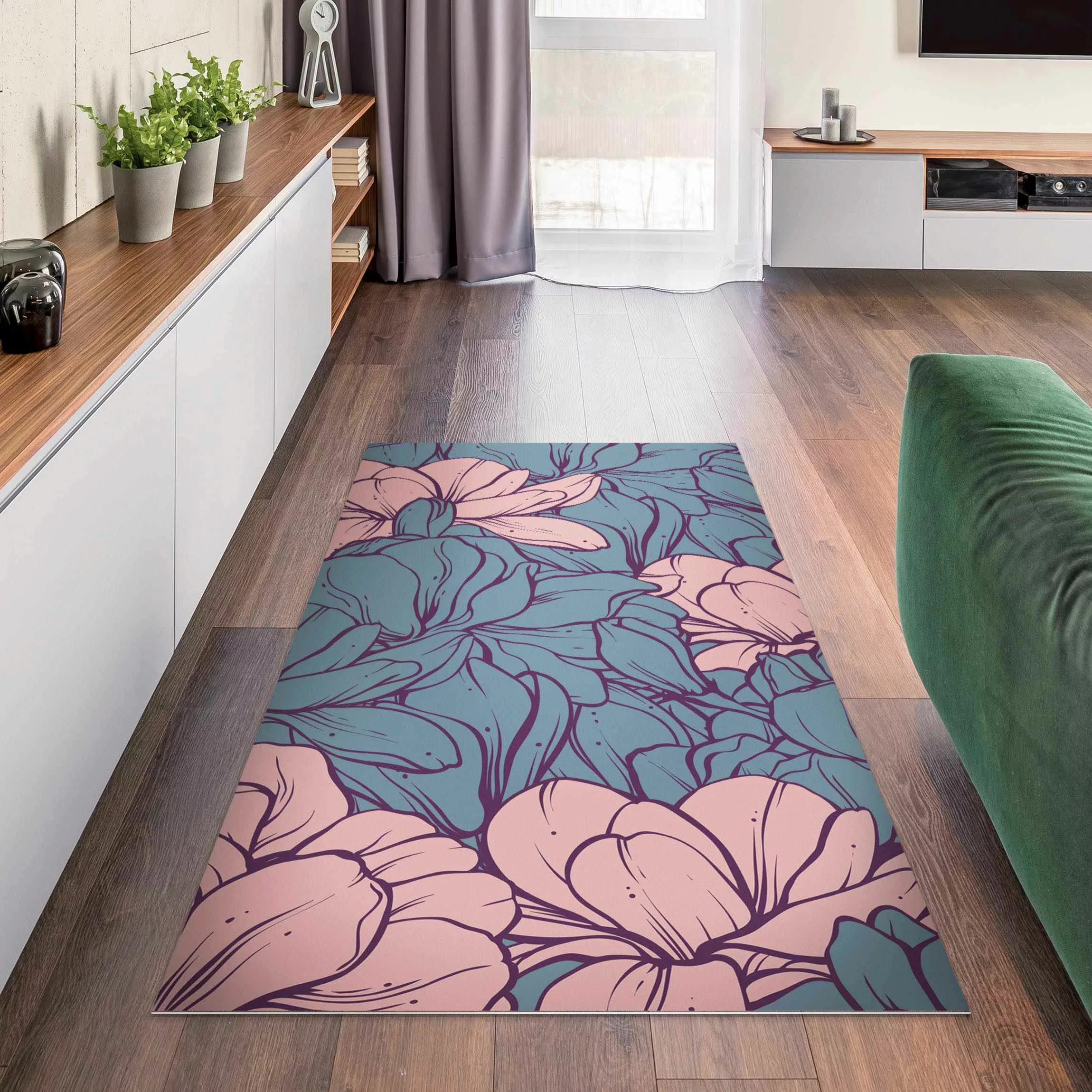 Vinyl-Teppich Magnolien Blütenmeer Altrosa und Petrol günstig online kaufen