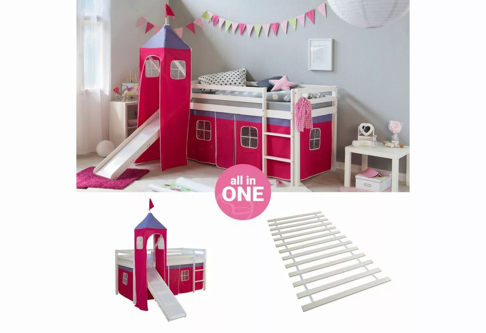 Homestyle4u Hochbett 90x200 cm Kinderbett Weiß mit Vorhang Pink (Set, mit T günstig online kaufen