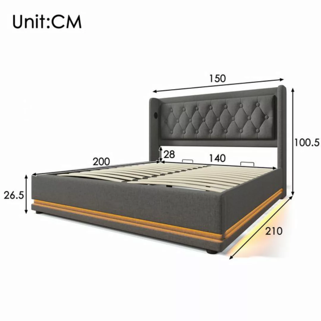 KoDise Polsterbett Hydraulisches Bett mit USB Typ-C Ladefunktion, LED-Funkt günstig online kaufen