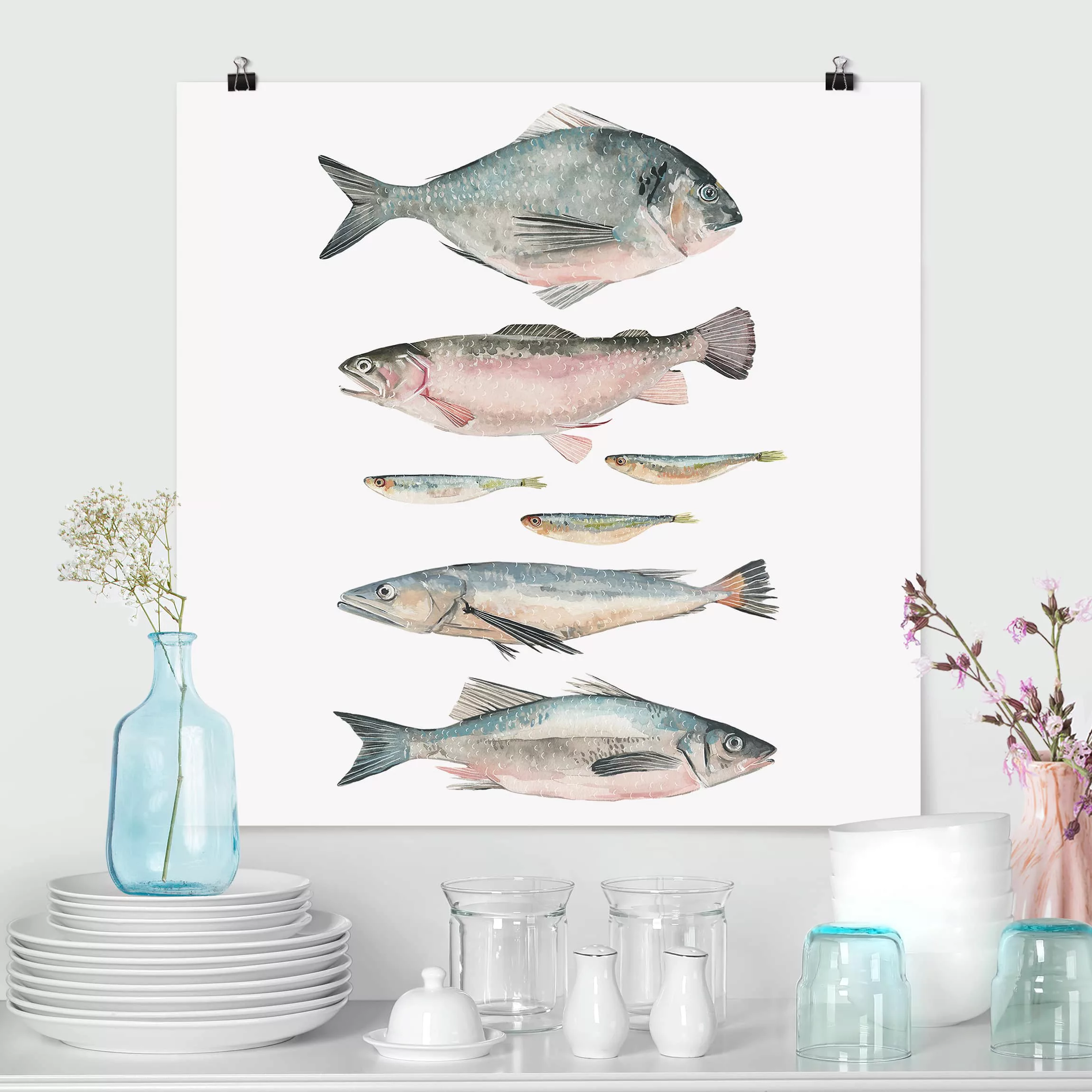 Poster Tiere - Quadrat Sieben Fische in Aquarell II günstig online kaufen