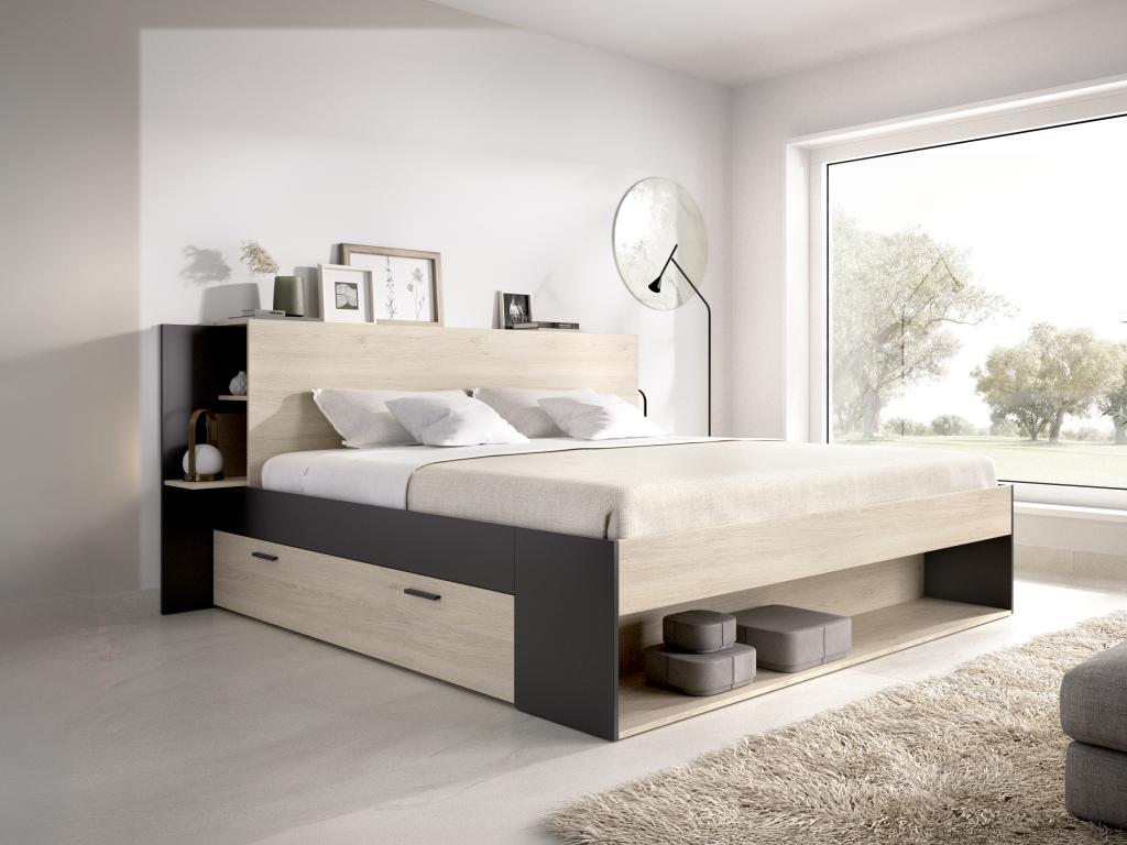 Bett mit Stauraum - 140 x 190 cm - Holzfarben & Schwarz - KEROSIA günstig online kaufen