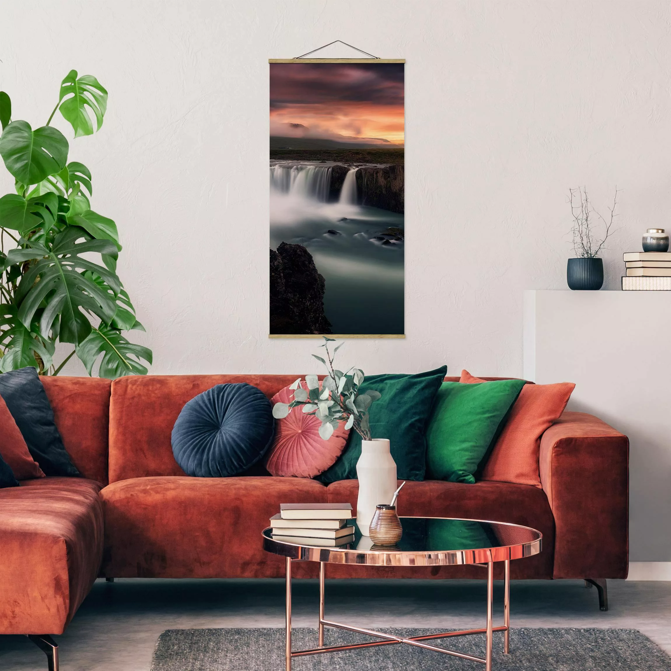 Stoffbild Landschaft mit Posterleisten - Hochformat Goðafoss Wasserfall in günstig online kaufen