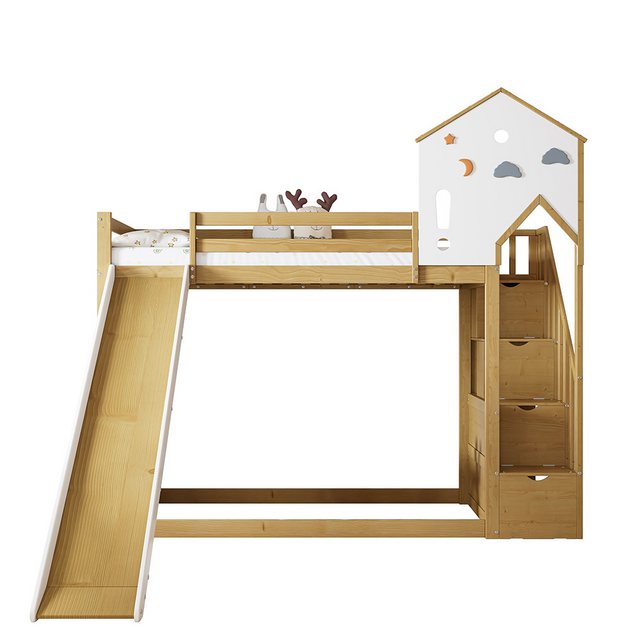 Sweiko Kinderbett Etagenbett Hausbett Hochbett (Bett mit Ecktreppe,Holzbett günstig online kaufen