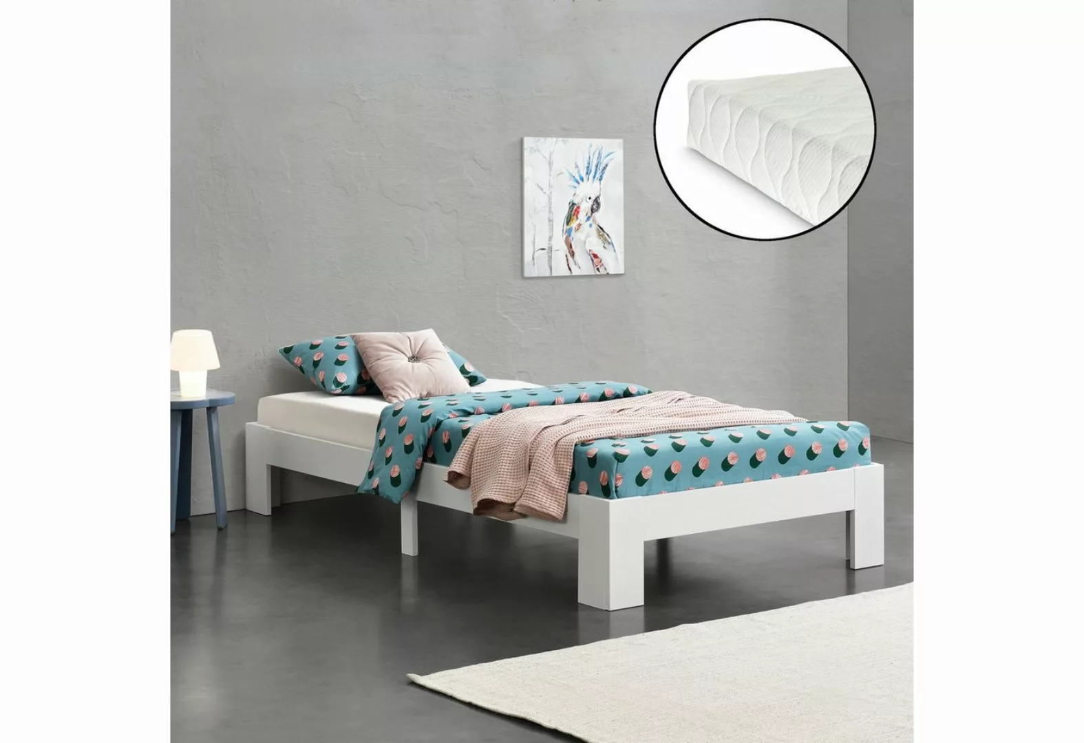 en.casa Holzbett, Raisio Einzelbett mit Matratze 90x200 cm Weiß günstig online kaufen