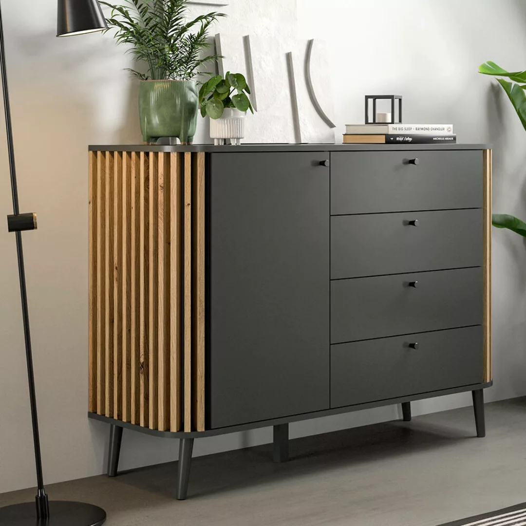 Sideboard 120cm grau mit Lamellen Eiche Retro Look, PONTS-158 günstig online kaufen