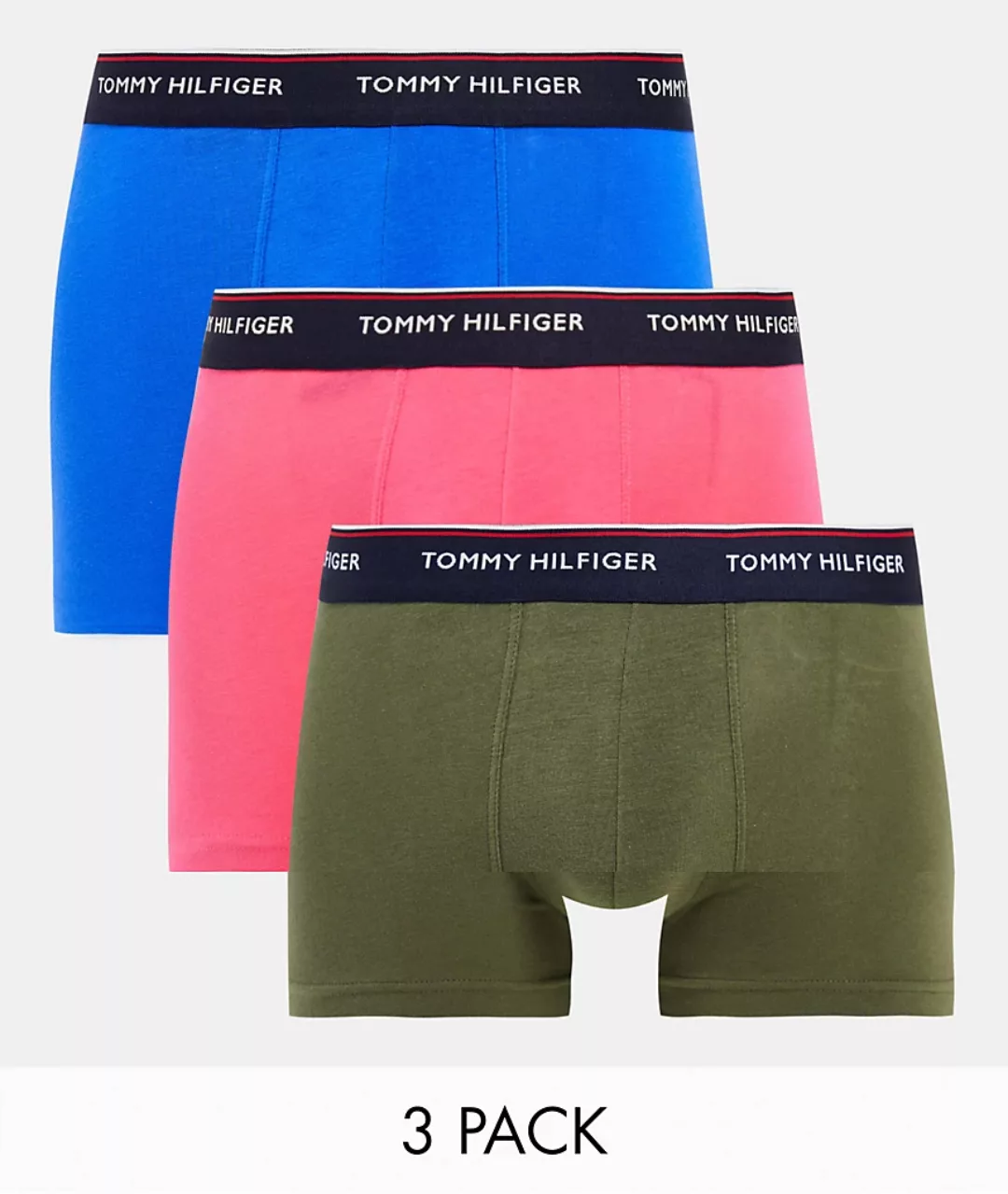 Tommy Hilfiger – 3er-Pack Unterhosen mit Logobund in Blau/Rosa/Olivgrün-Meh günstig online kaufen
