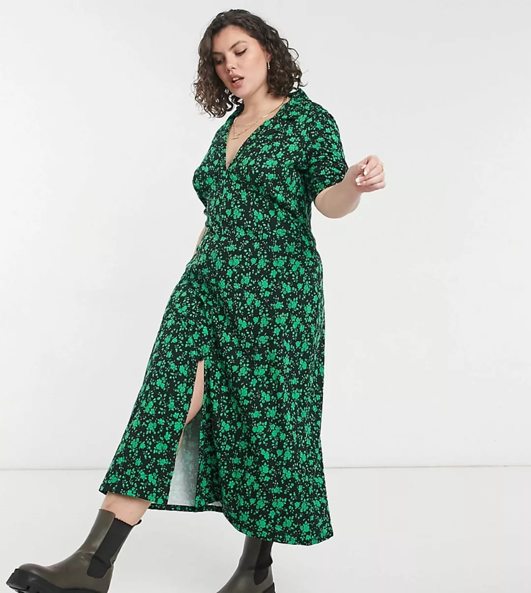 ASOS DESIGN Curve – Ultimate – Midi-Freizeitkleid in Schwarz mit grünem Blu günstig online kaufen