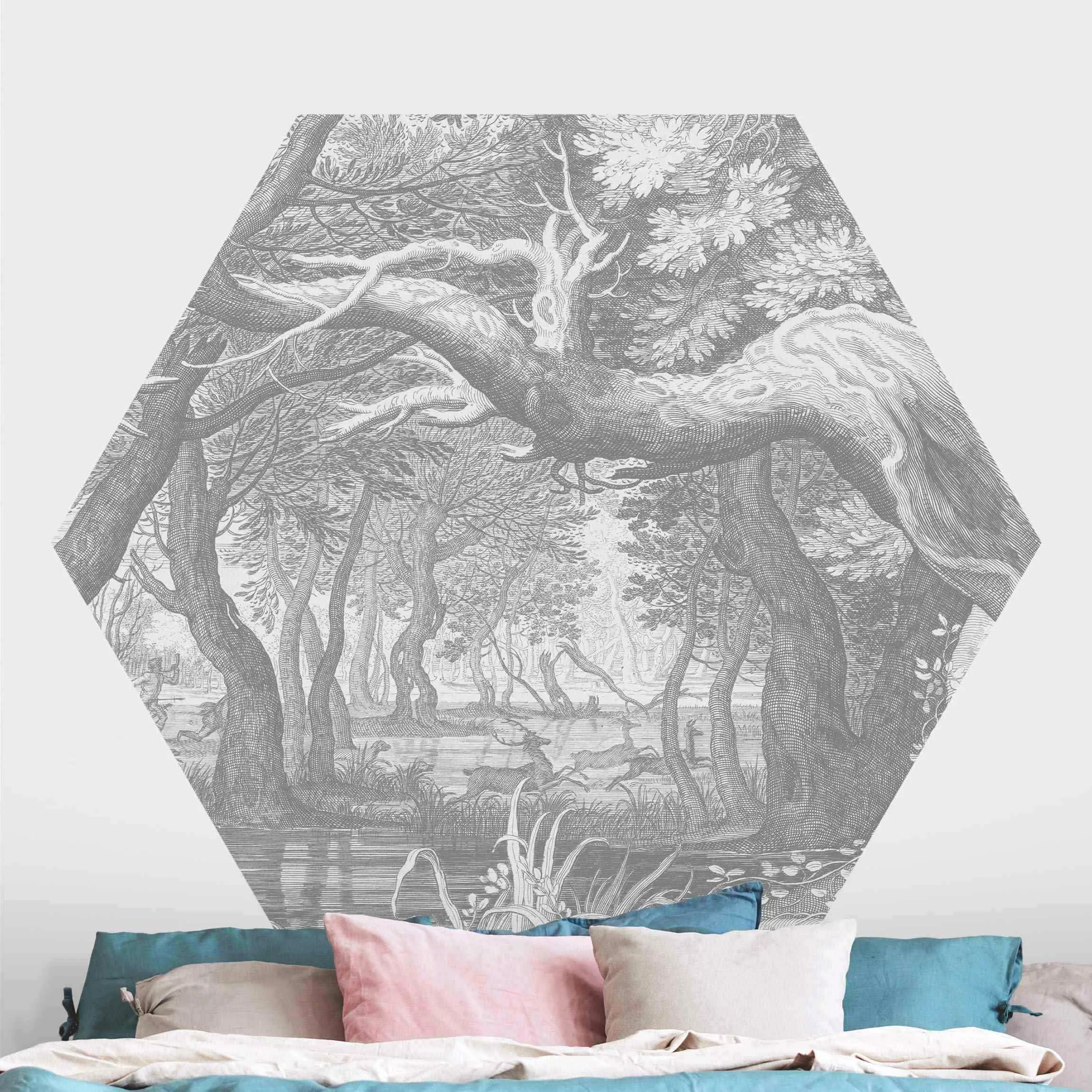 Hexagon Mustertapete selbstklebend Wald Kupferstich günstig online kaufen