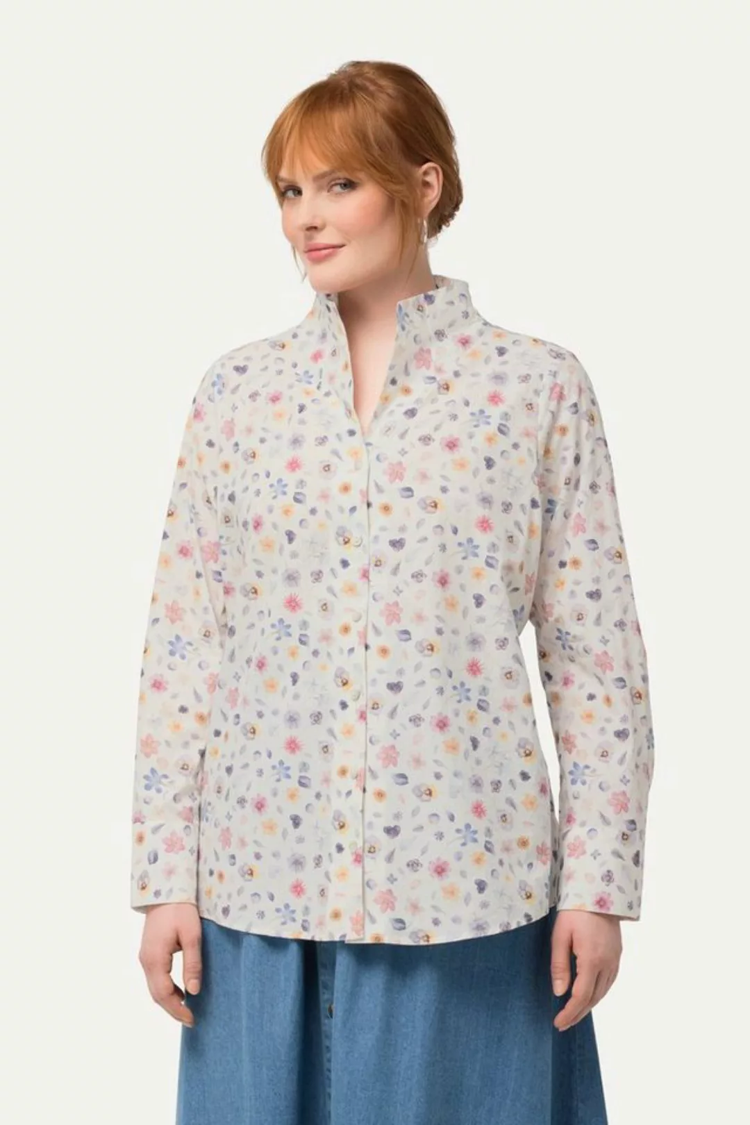 Ulla Popken Longbluse Bluse Blüten Kelchkragen Langarm günstig online kaufen