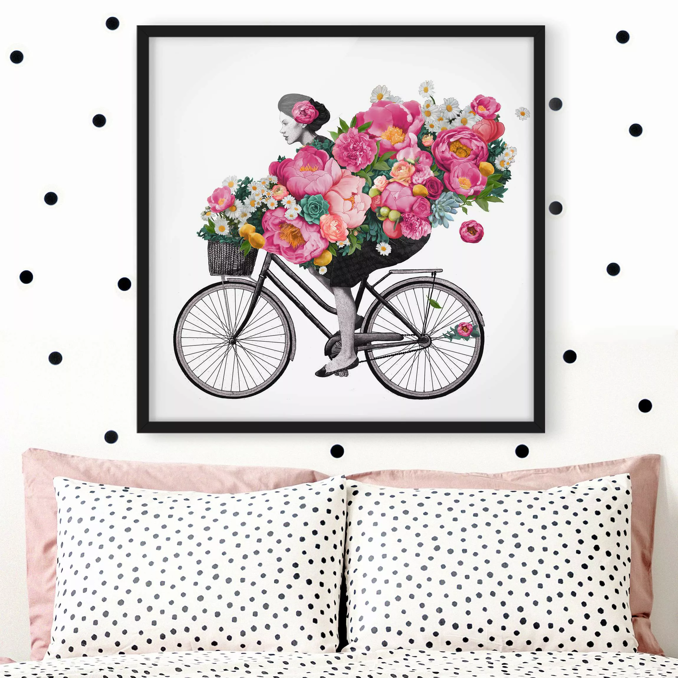 Bild mit Rahmen Blumen - Quadrat Illustration Frau auf Fahrrad Collage bunt günstig online kaufen