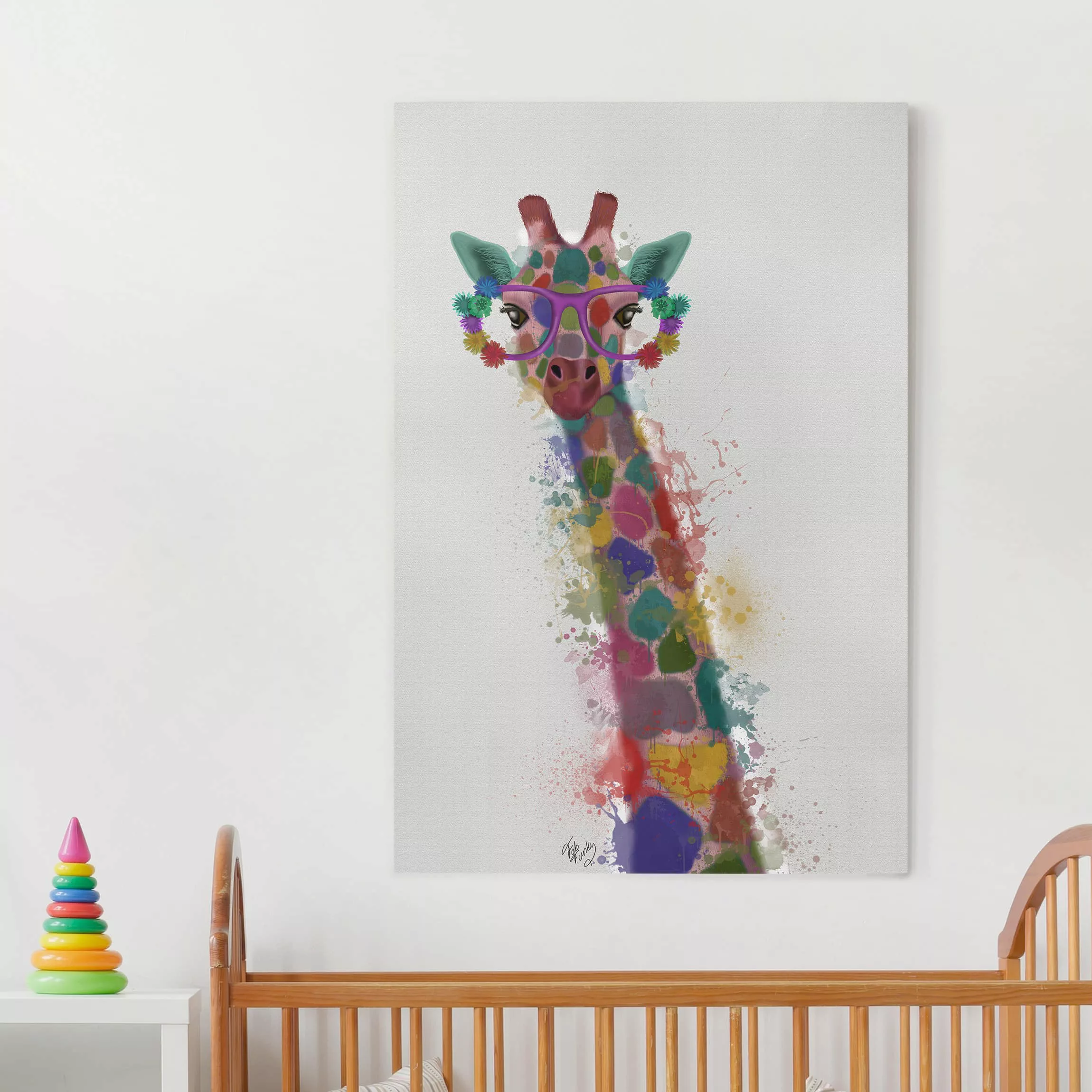 Leinwandbild - Hochformat Regenbogen Splash Giraffe günstig online kaufen