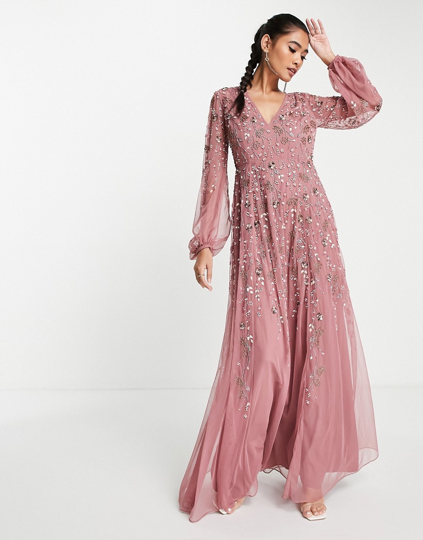 ASOS DESIGN – Maxikleid mit Blusonärmeln und filigraner Blumenverzierung-Ro günstig online kaufen