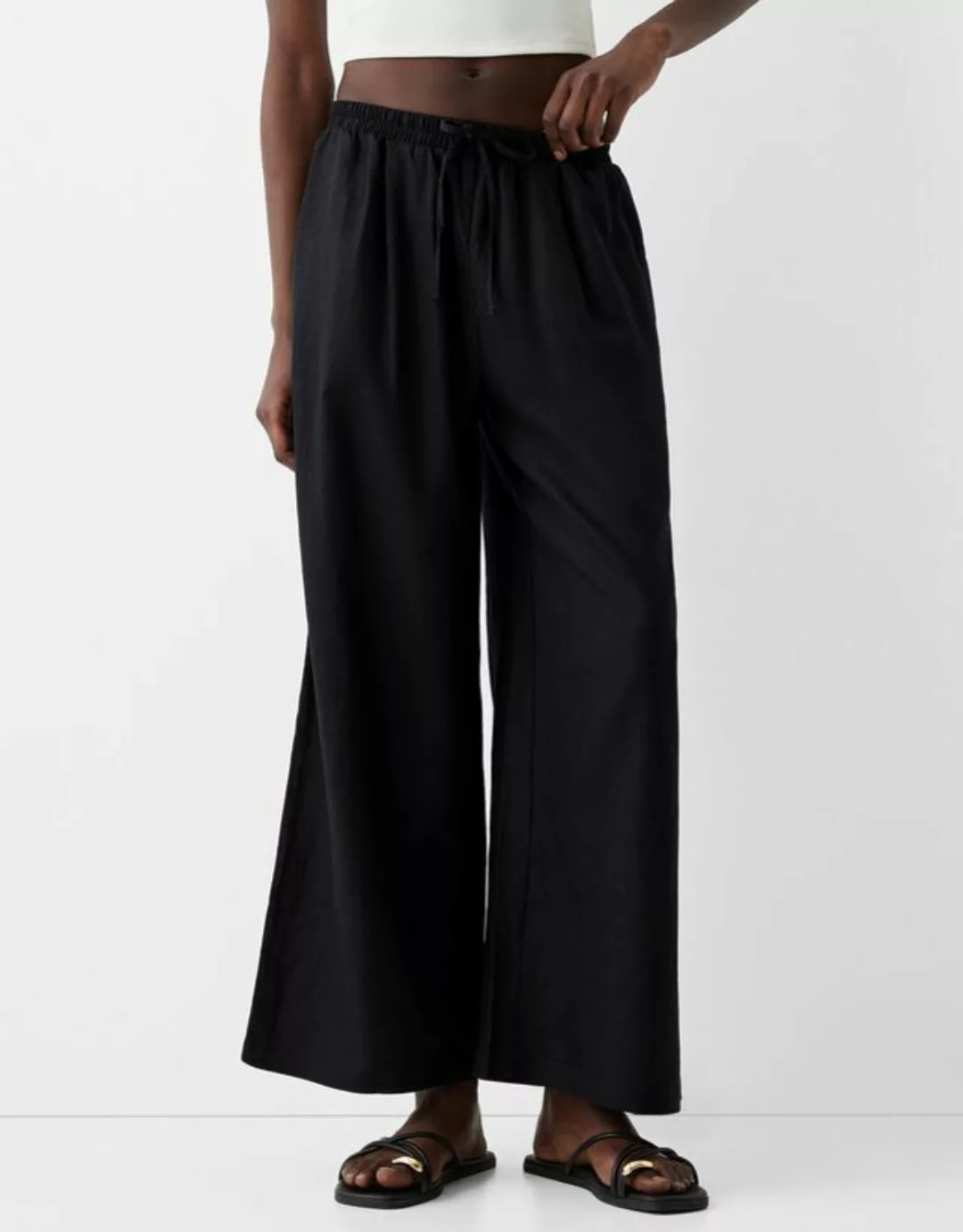 Bershka Culotte-Hose Mit Leinenanteil Und Stretchbund Damen L Schwarz günstig online kaufen