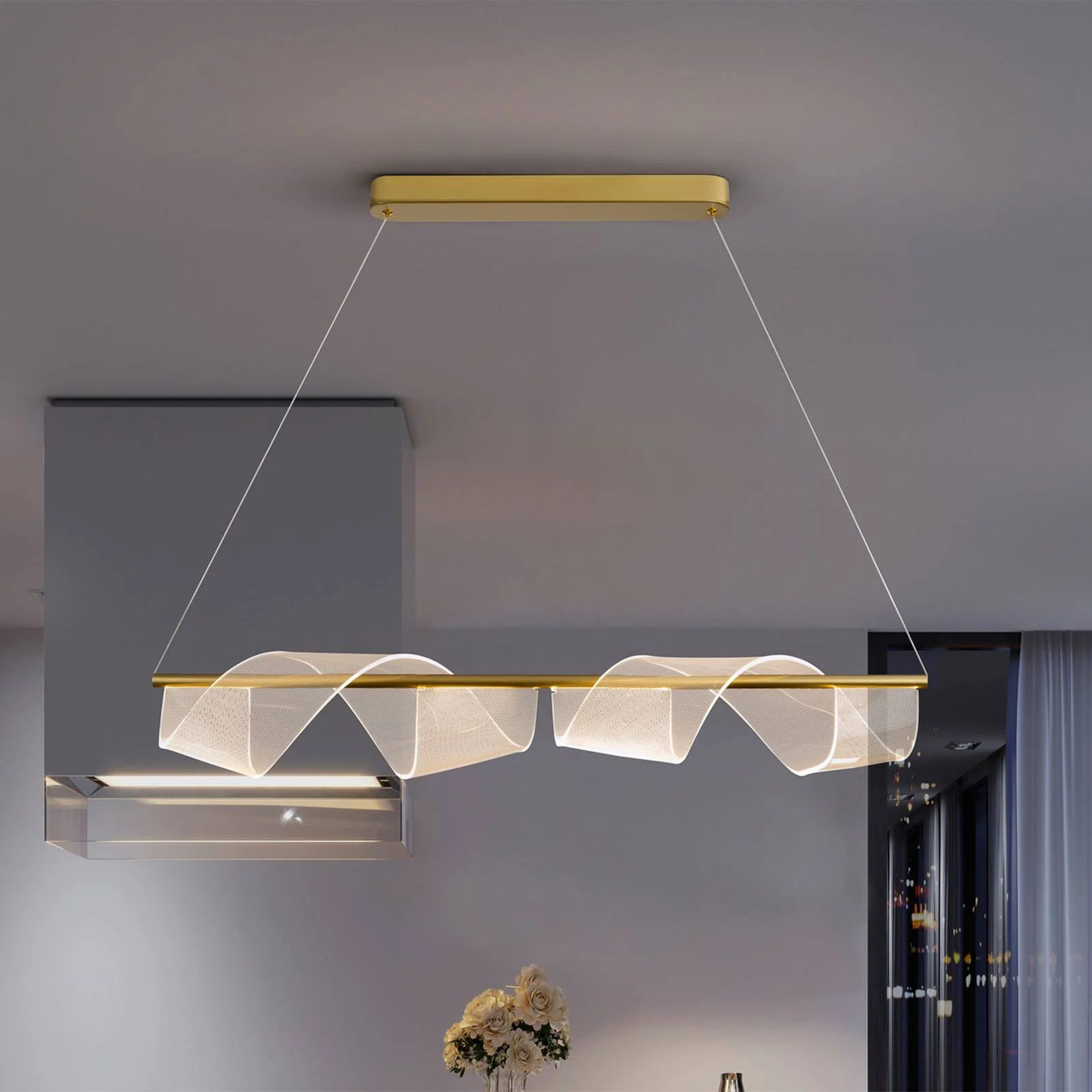LED-Hängeleuchte Velas, lang, goldfarben, Metall, Kunststoff günstig online kaufen
