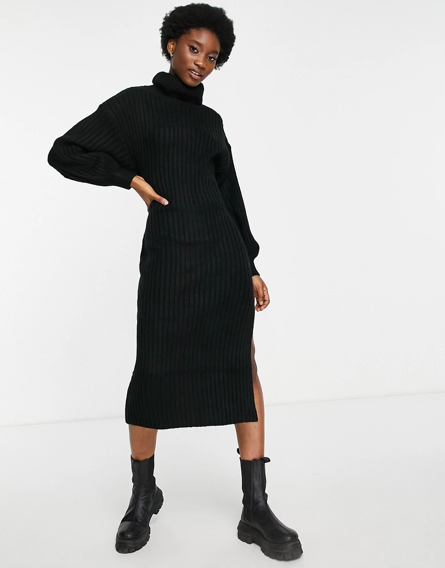 ASOS DESIGN – Geripptes Midikleid in Schwarz mit Rollkragen günstig online kaufen