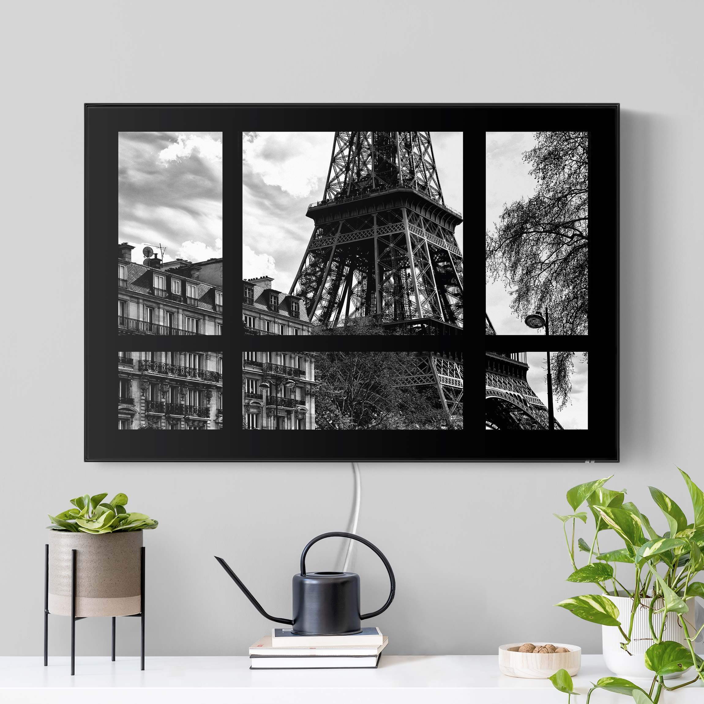 LED-Wechselbild Fensterausblick Paris - Nahe am Eiffelturm schwarz weiß günstig online kaufen