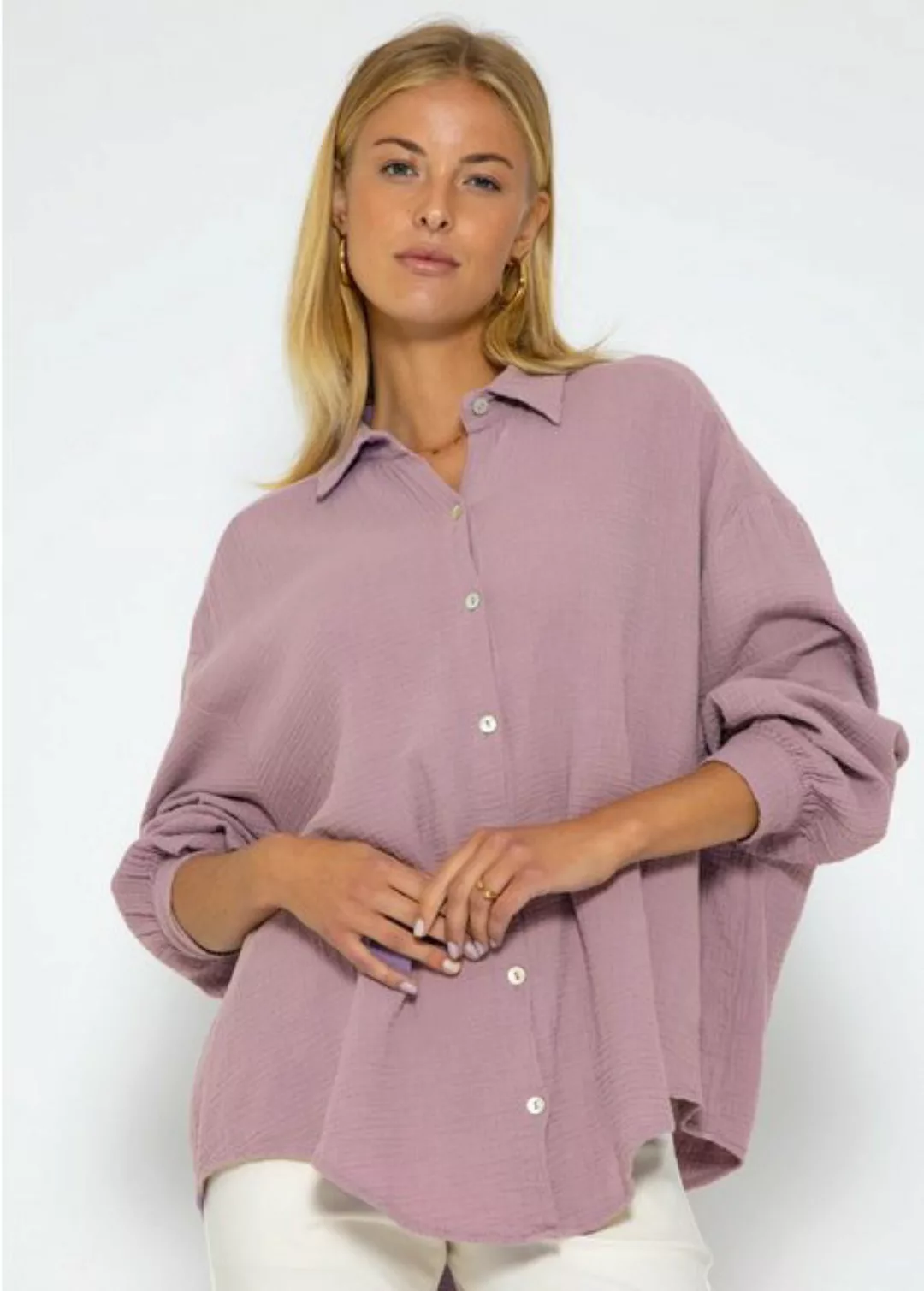 SASSYCLASSY Longbluse Oversize Musselin Bluse Damen Langarm Hemdbluse lang günstig online kaufen
