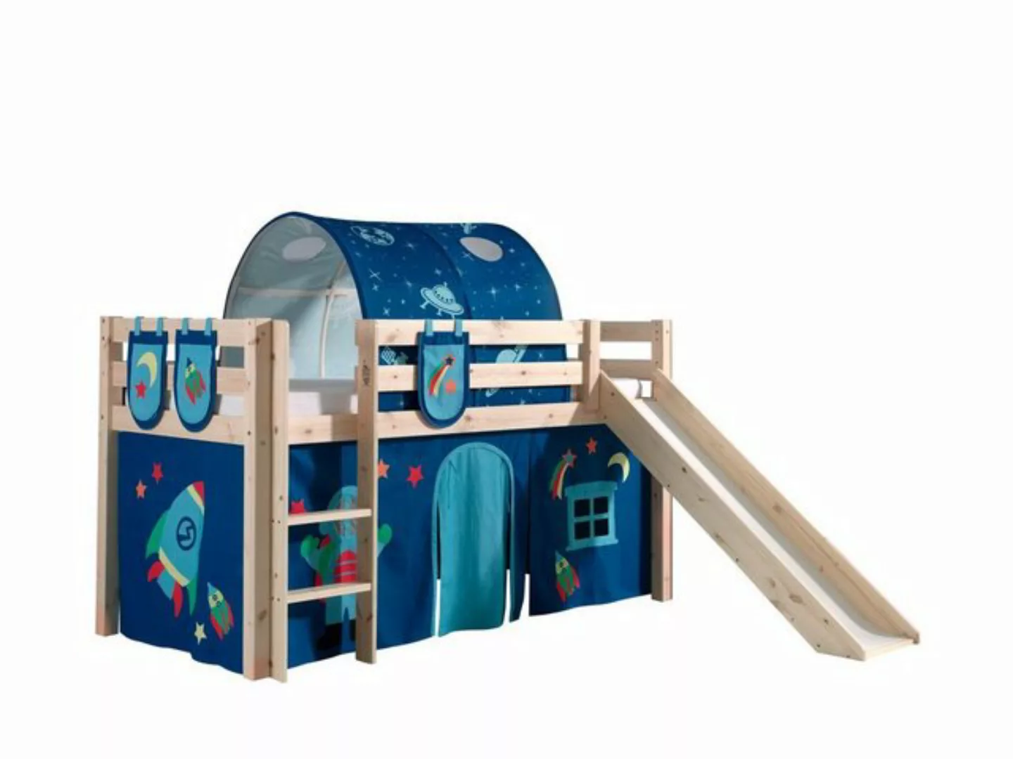 Natur24 Kinderbett Spielbett Pino mit Rutsche und Textilset Kiefer Natur günstig online kaufen