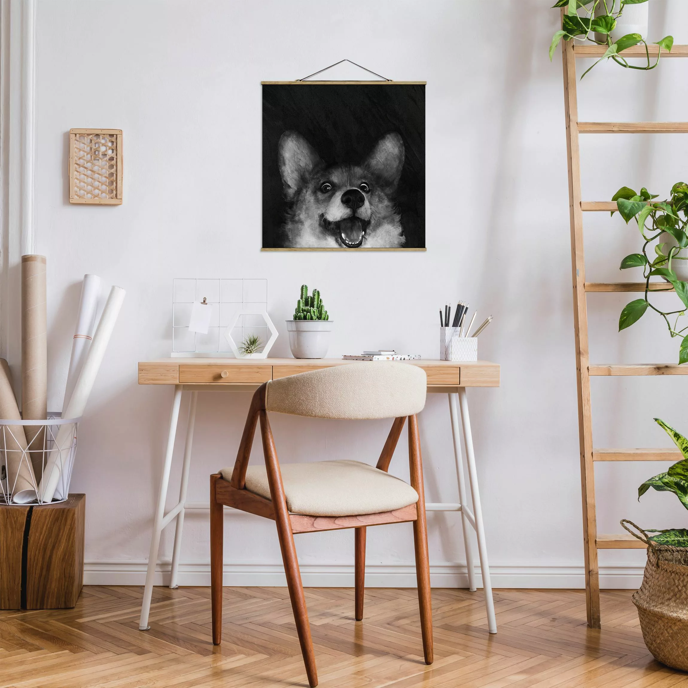 Stoffbild Tiere mit Posterleisten - Quadrat Illustration Hund Corgi Malerei günstig online kaufen