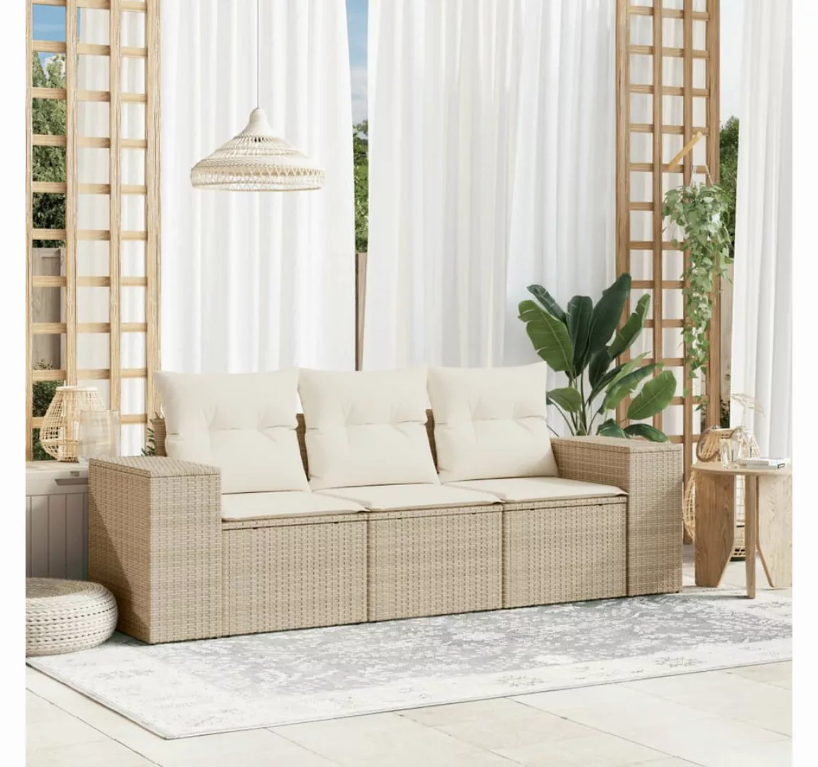 vidaXL Loungesofa 3-tlg. Garten-Sofagarnitur mit Kissen Beige Poly Rattan, günstig online kaufen