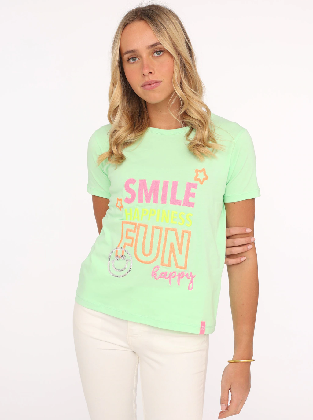 Zwillingsherz T-Shirt ""Smile Happiness Fun"", mit bunter Stickerei und Pai günstig online kaufen