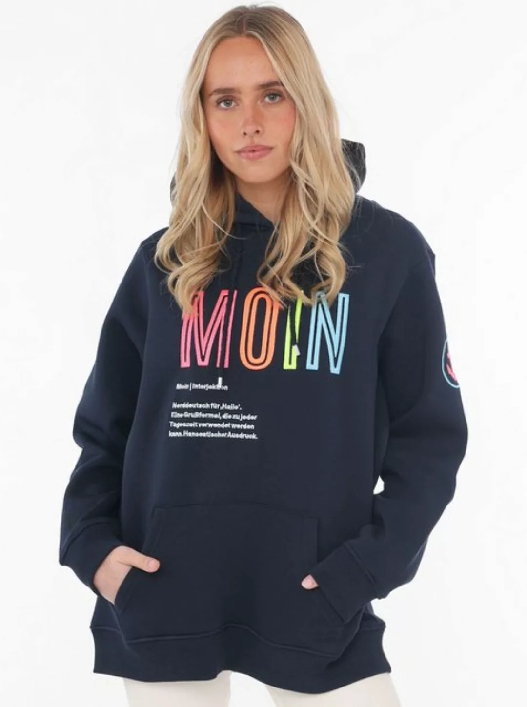 Zwillingsherz Sweatshirt mit aufgesticktem „Moin“-Schriftzug in Neonfarben günstig online kaufen