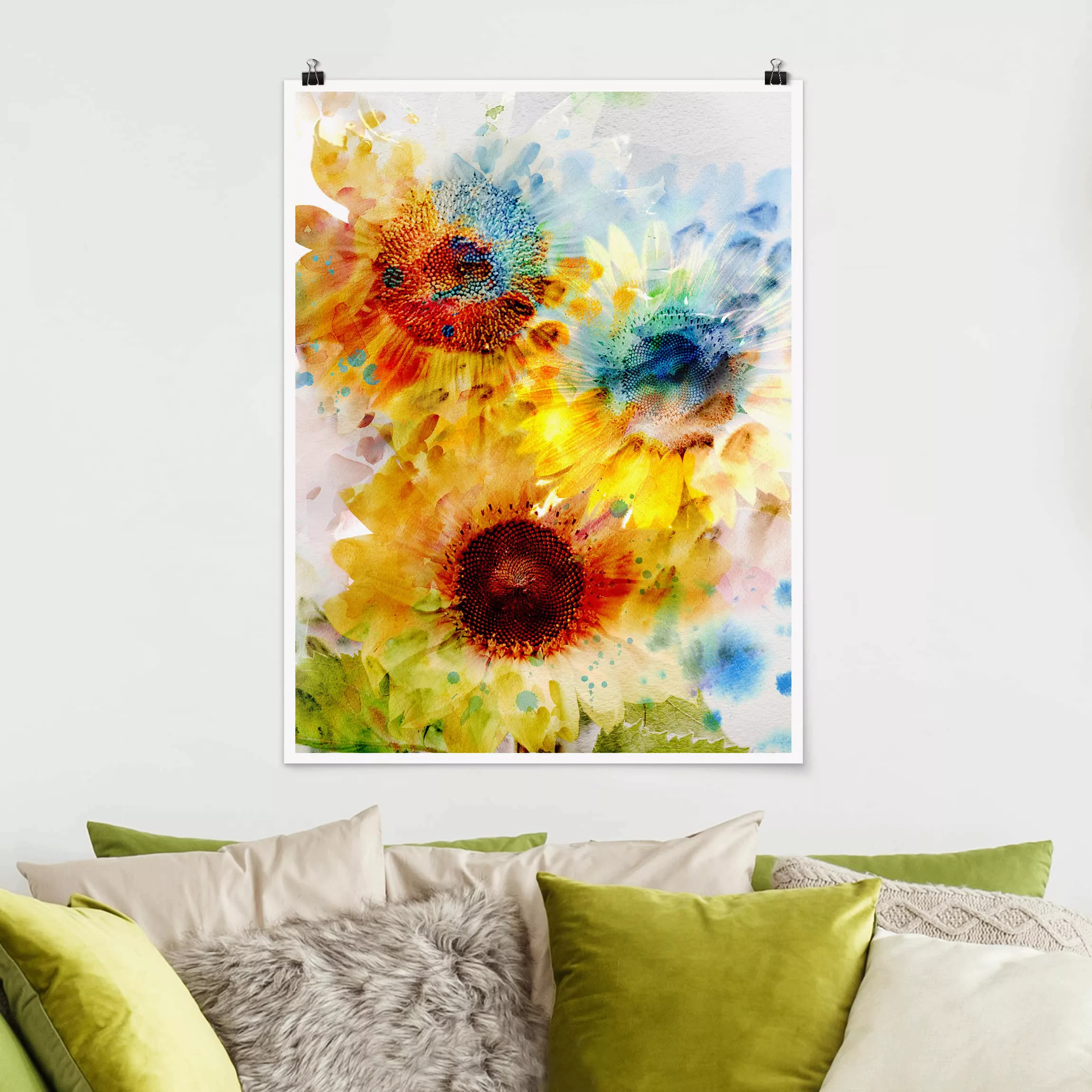 Poster Blumen - Hochformat Aquarell Blumen Sonnenblumen günstig online kaufen