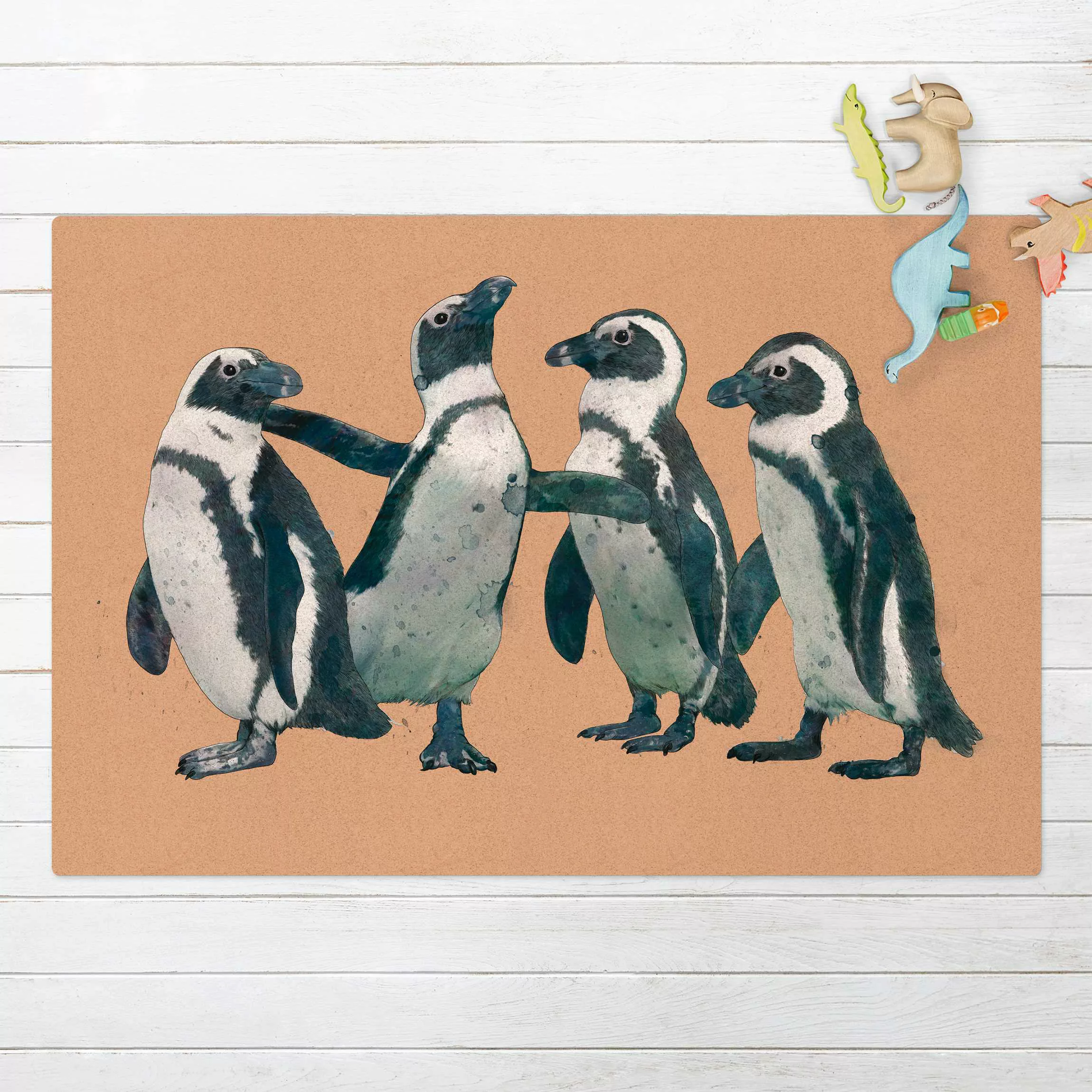 Kork-Teppich Illustration Pinguine Schwarz Weiß Aquarell günstig online kaufen
