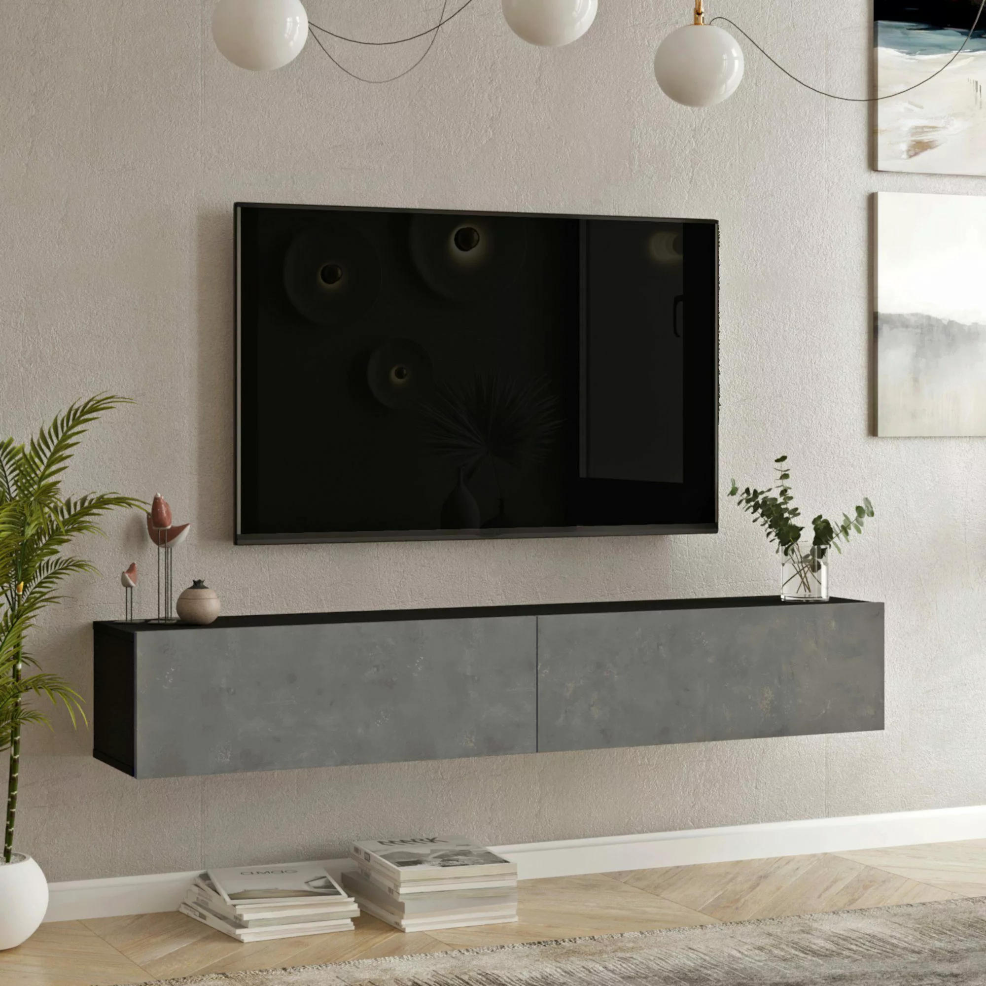 en.casa TV-Schrank »Lapinlahti« 180x31,5x29,5cm Schwarz/Betonoptik günstig online kaufen