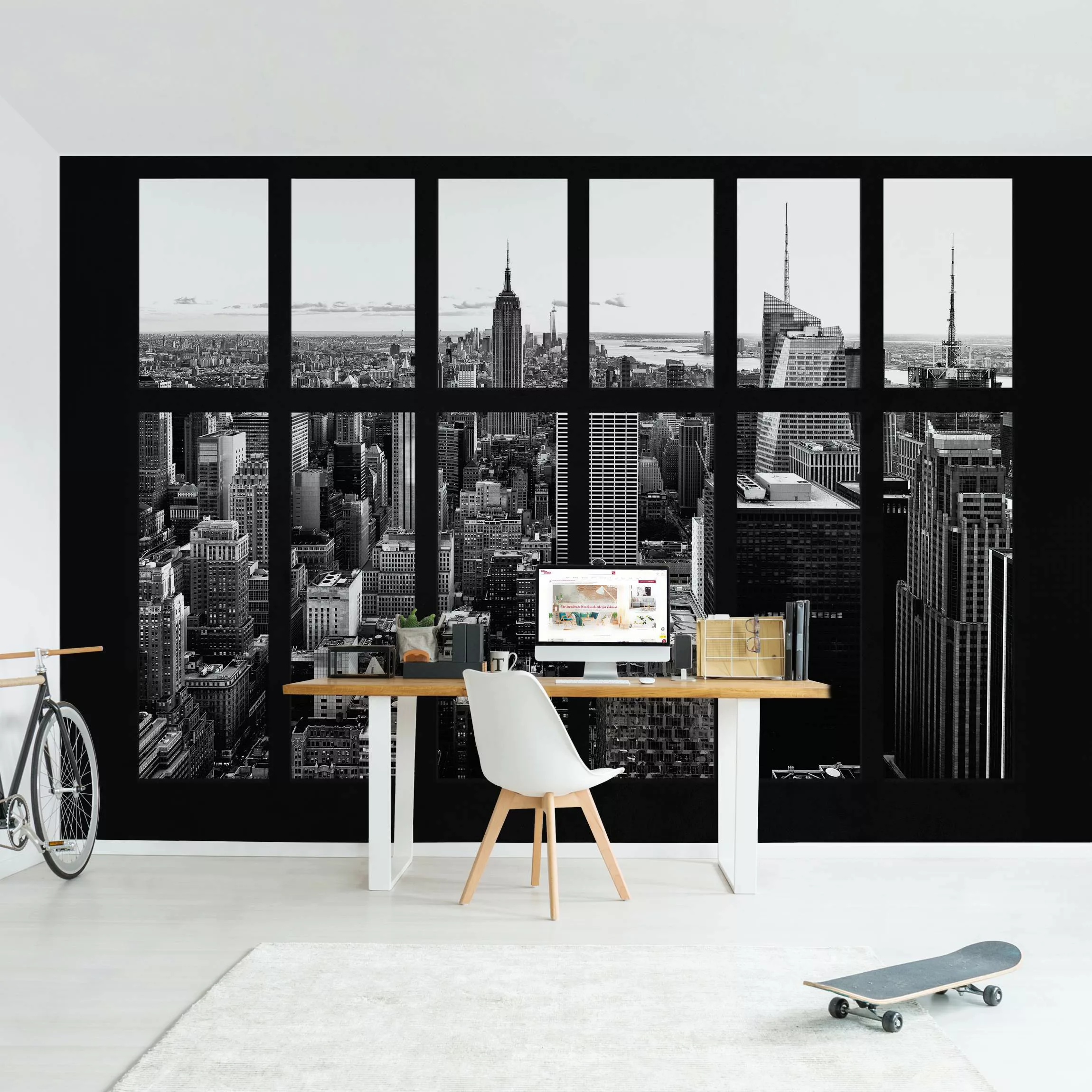 Fototapete Fenster Manhattan Skyline schwarz-weiß günstig online kaufen