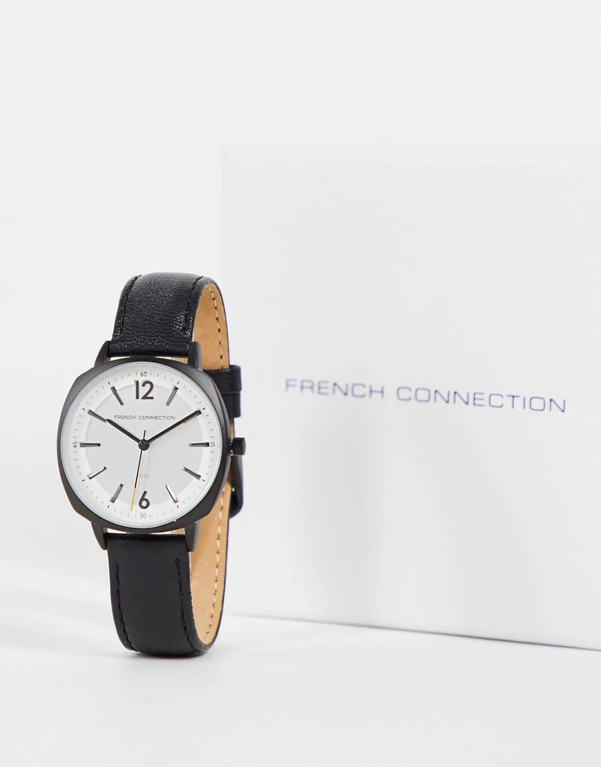 French Connection – Uhr mit Lederarmband in Schwarz mit großem Zifferblatt günstig online kaufen