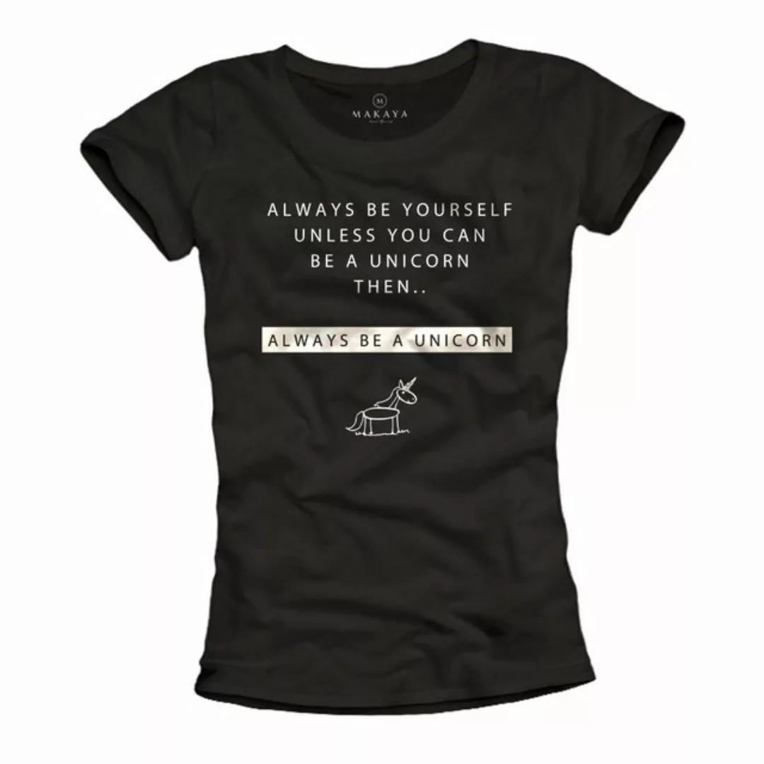 MAKAYA Print-Shirt Damen Schwarz mit Aufdruck Print Einhorn Unicorn Sprüche günstig online kaufen