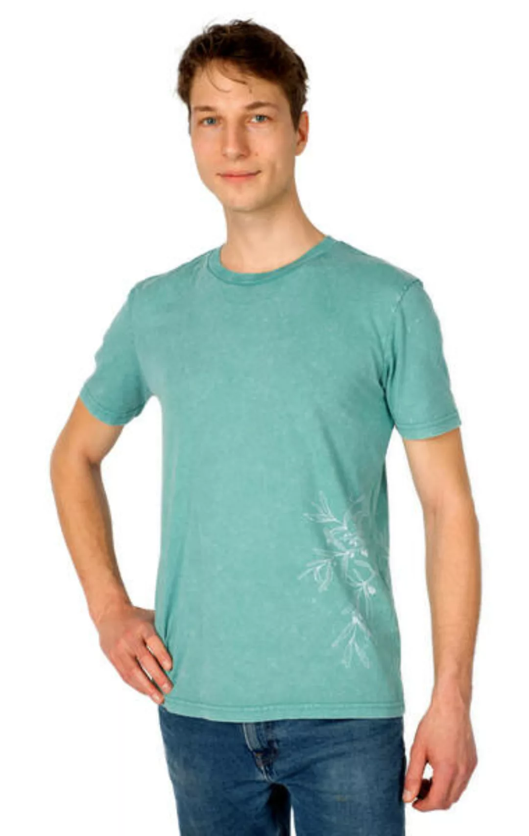 Shirt Aus Biobaumwolle Fairwear "Olive Branch" Men Teal Monstera Blue günstig online kaufen