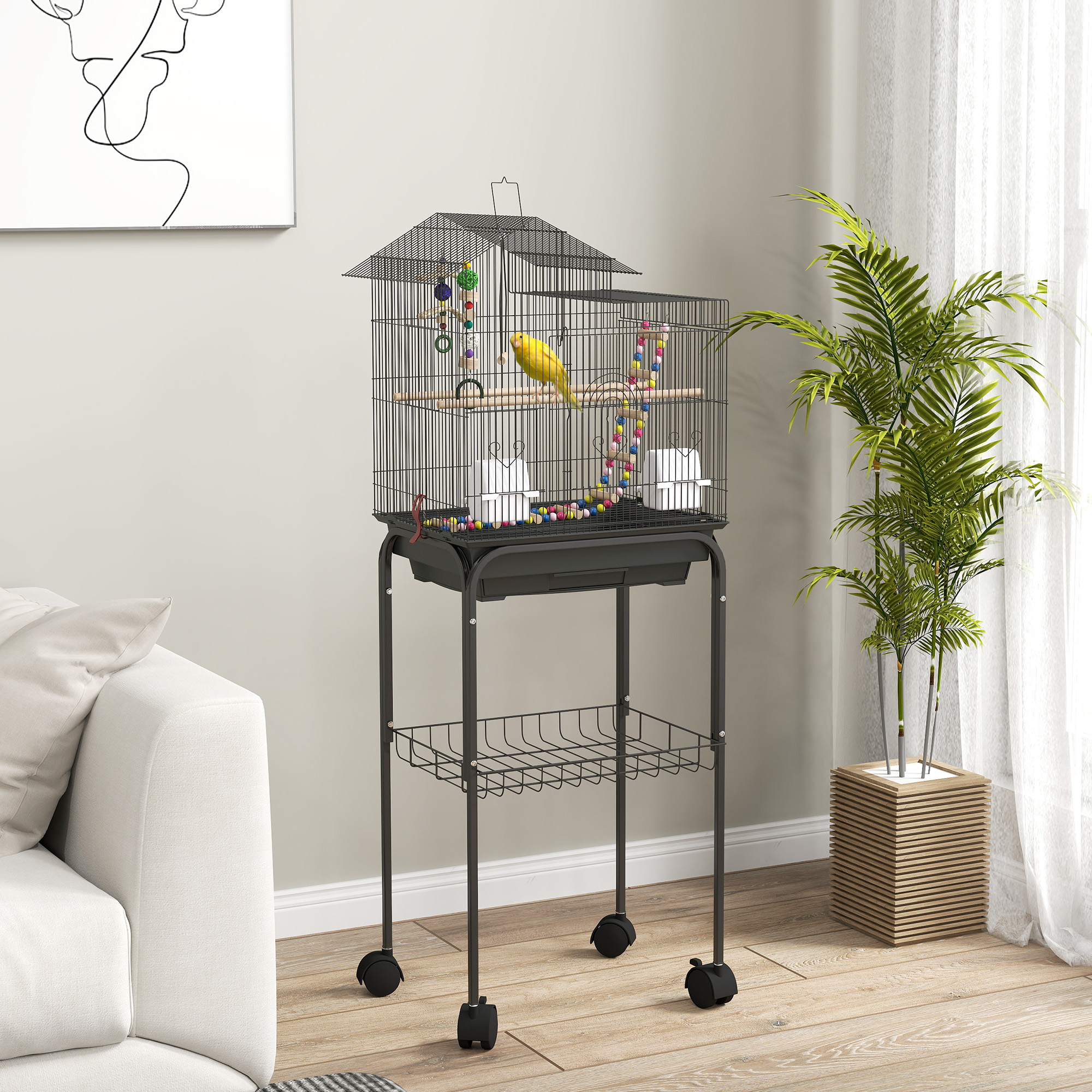 PawHut Vogelkäfig mit Ständer, Vogelvoliere mit Netzregal und 4 schwenkbare günstig online kaufen