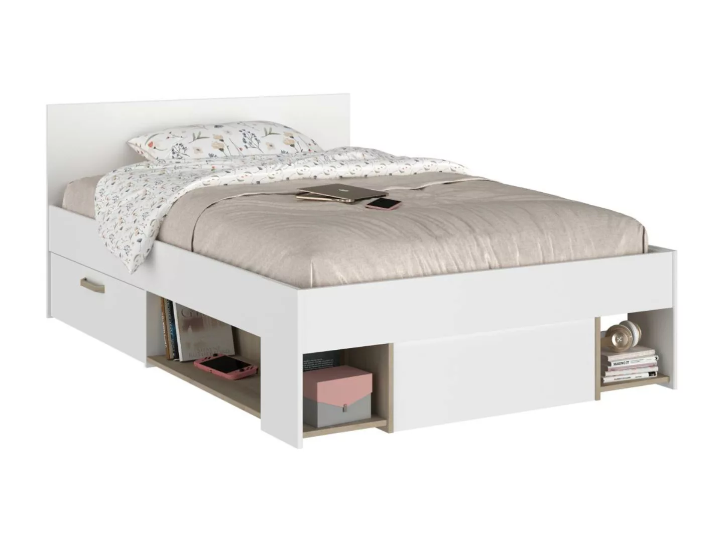 Bett mit Stauraum - 120 x 190 cm - Weiß & Holzfarben - KINSELIA günstig online kaufen