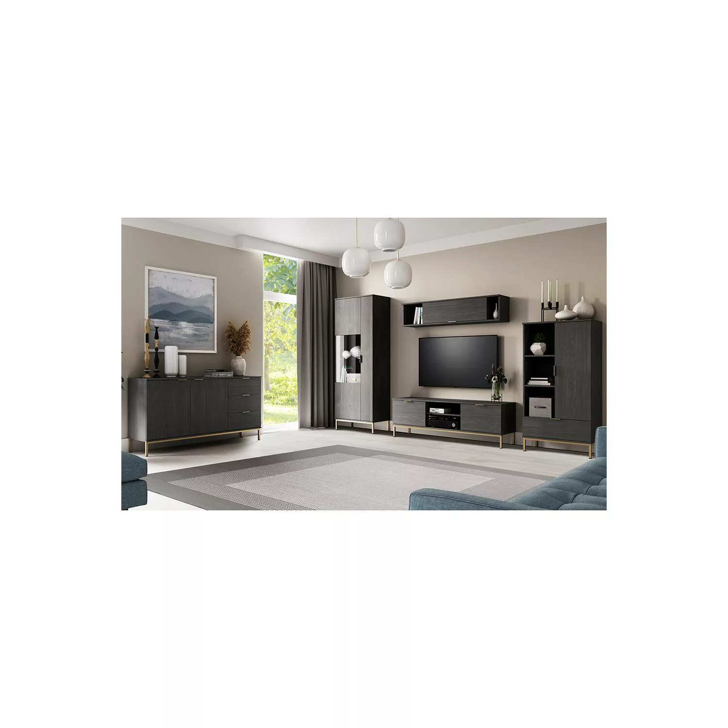 Wohnzimmer Möbel Komplett Set inkl. LED Glasbodenbeleuchtung in Esche schwa günstig online kaufen