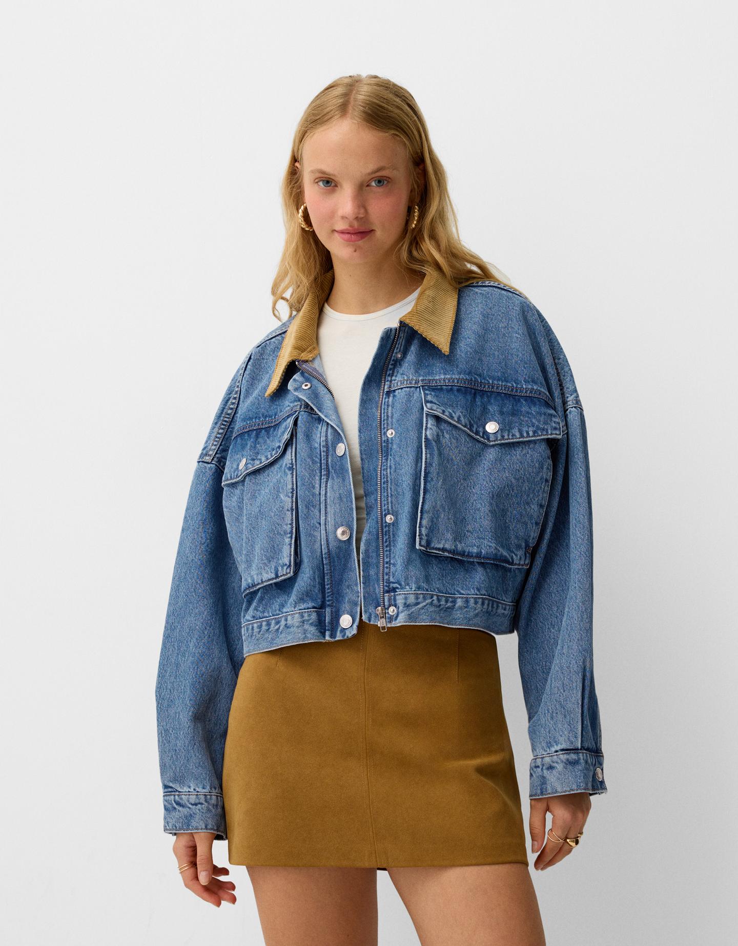 Bershka Cropped-Jeansjacke Mit Farblich Abgesetztem Kragen Damen Xs Ausgewa günstig online kaufen