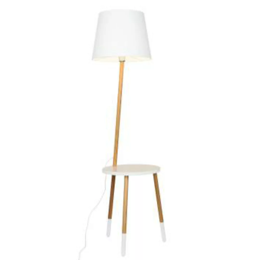 Dreibein Stehlampe LAMA Holz Stoff Weiß mit Ablage günstig online kaufen